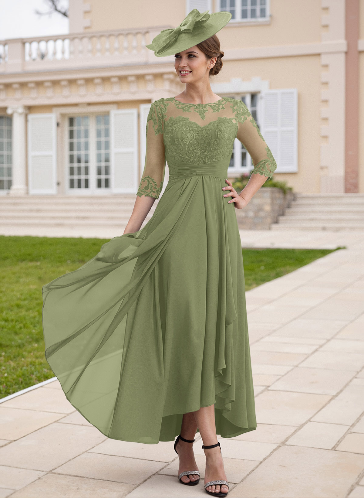 Elegant Illusion Neck A-Line Ankle-Length Lace/Chiffon Mother Of The Bride Dresses