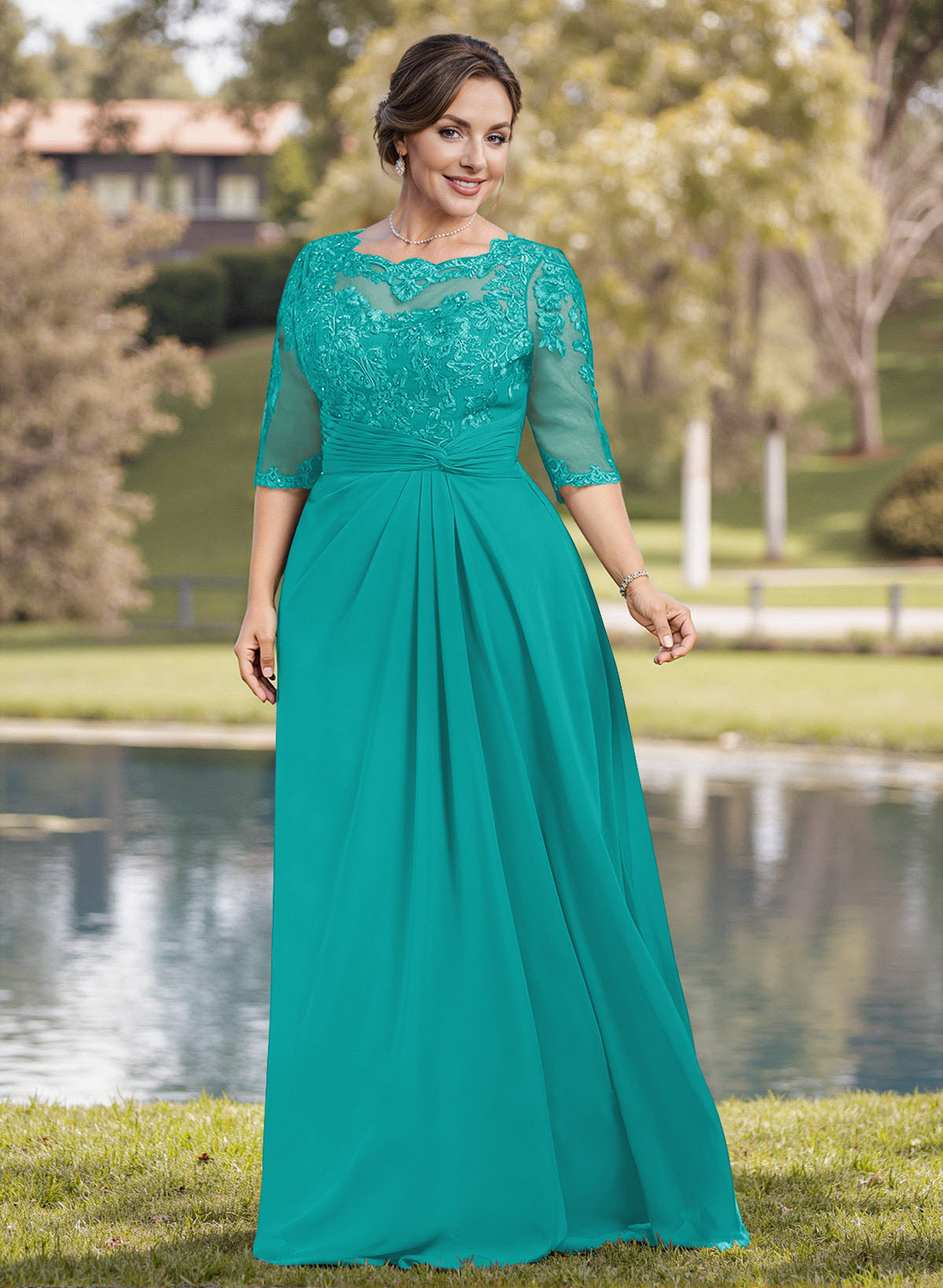 A-Line Illusion Neck 1/2 Sleeves Chiffon Mother Of The Bride Dresses With Appliques Lace