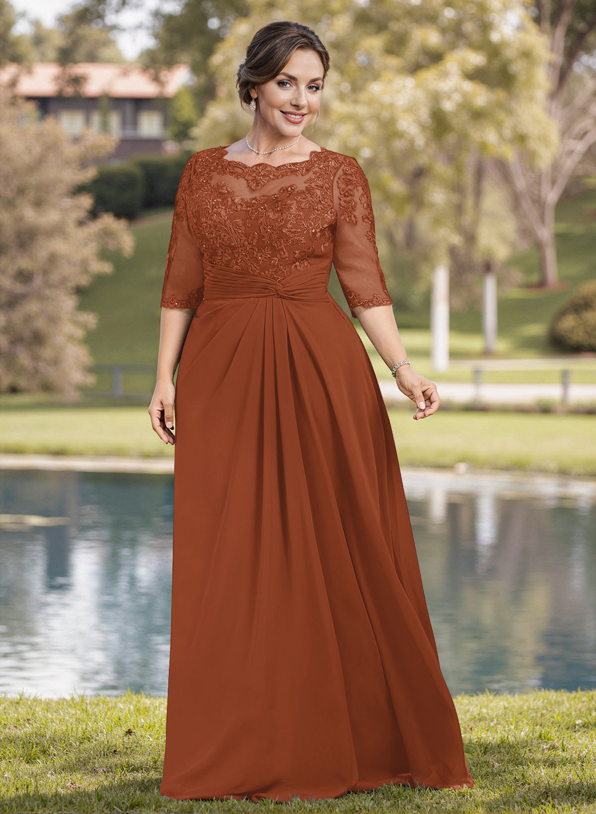 A-Line Illusion Neck 1/2 Sleeves Chiffon Mother Of The Bride Dresses With Appliques Lace