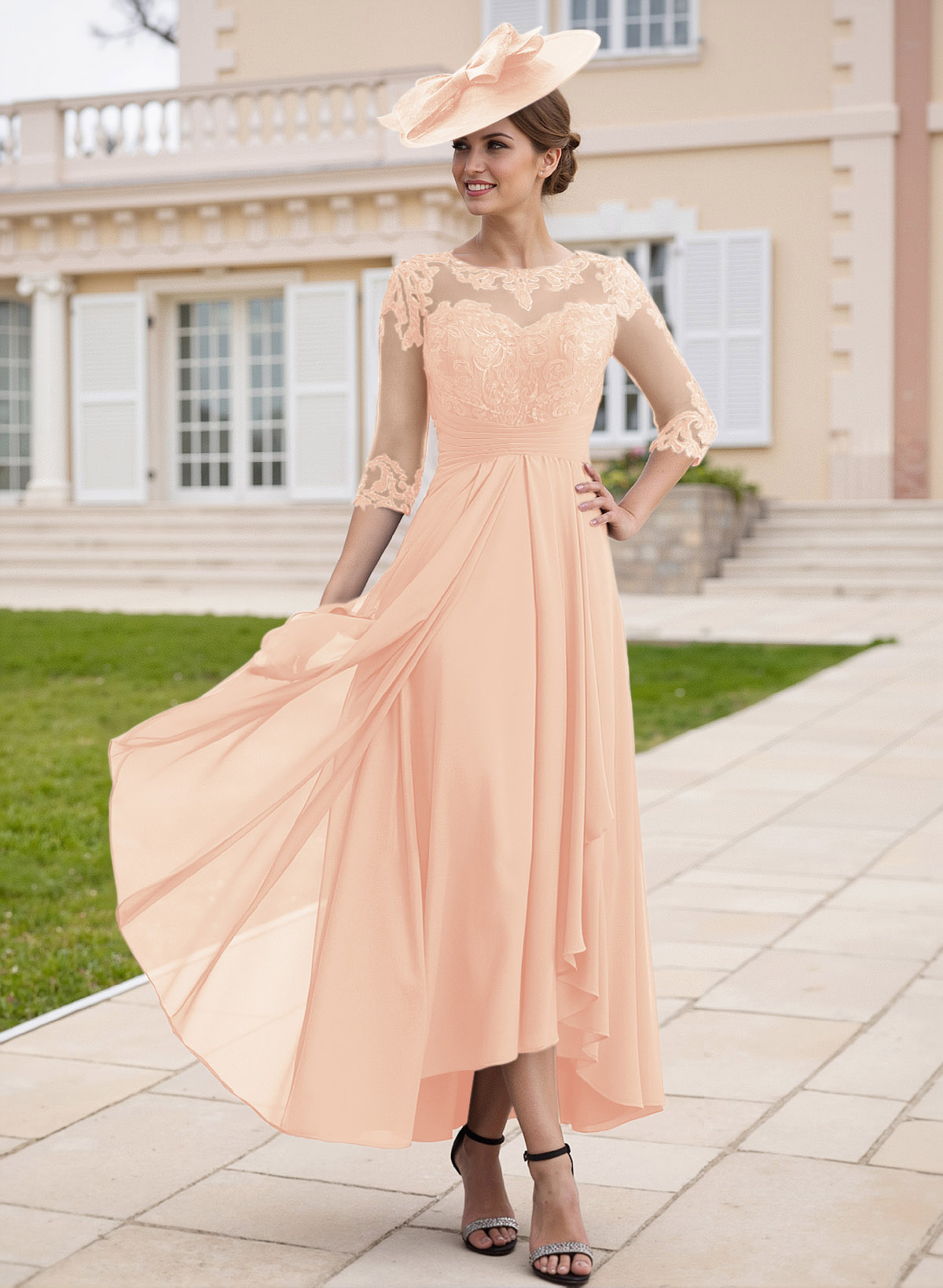 Elegant Illusion Neck A-Line Ankle-Length Lace/Chiffon Mother Of The Bride Dresses