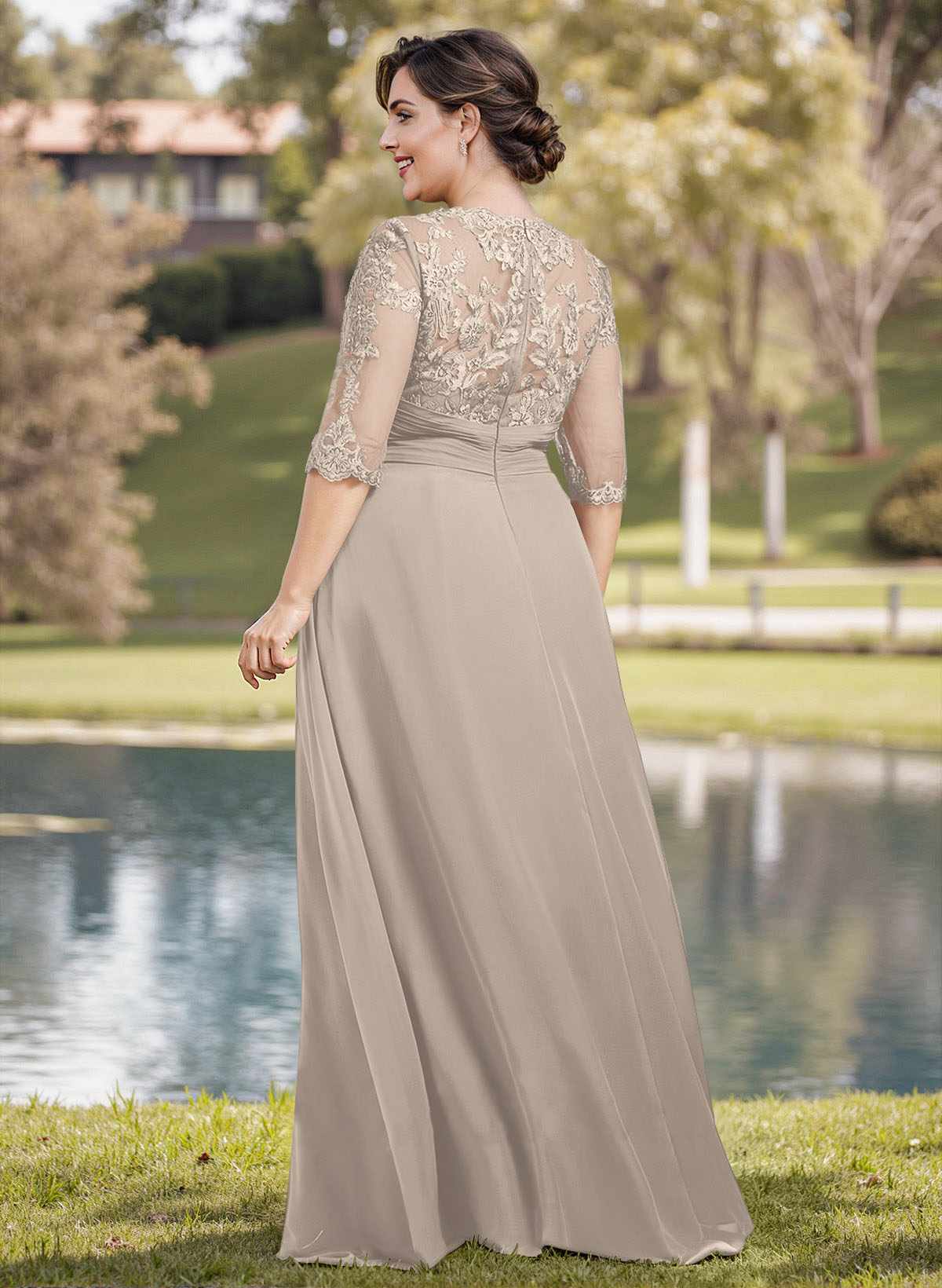 A-Line Illusion Neck 1/2 Sleeves Chiffon Mother Of The Bride Dresses With Appliques Lace