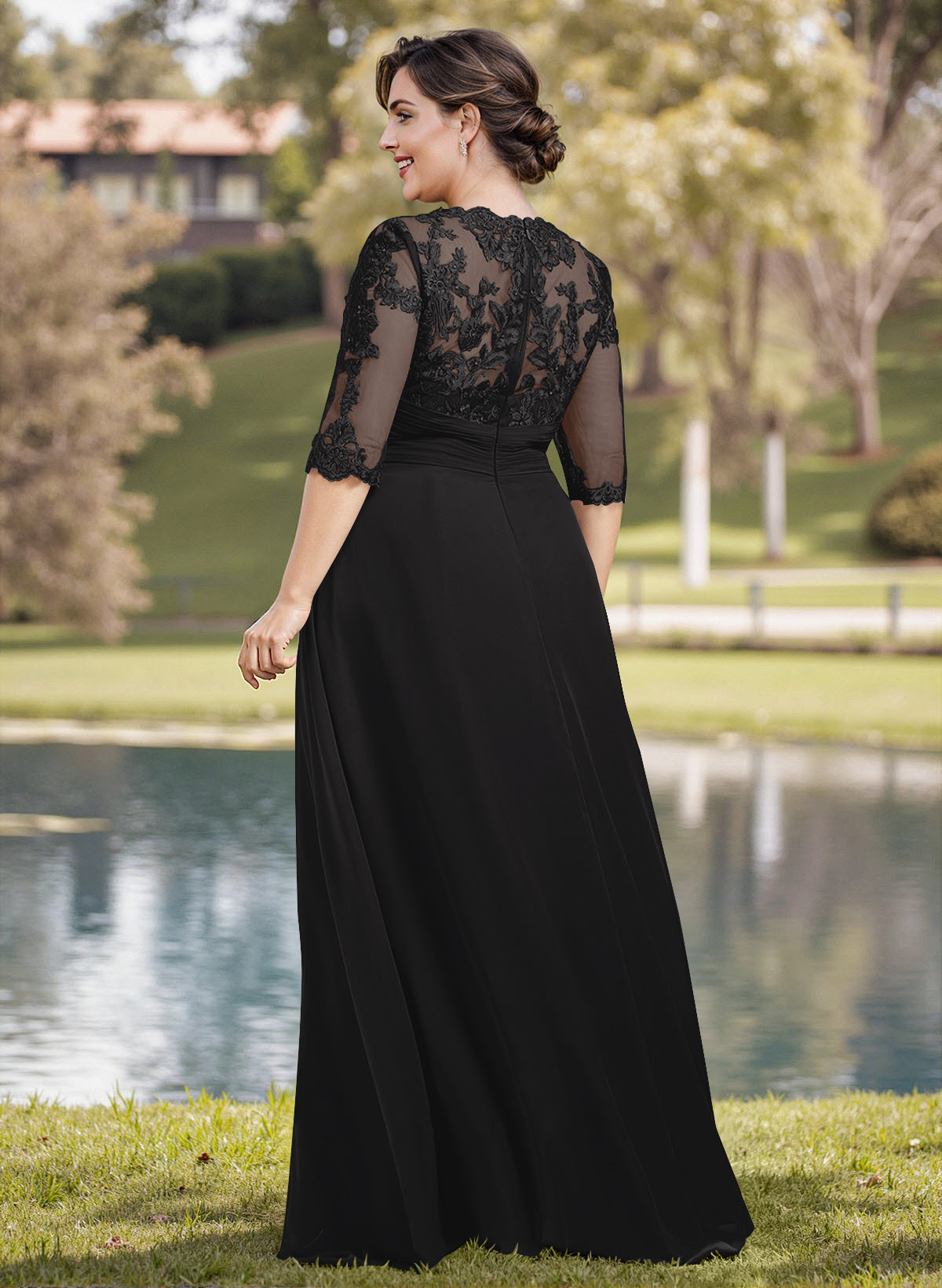 A-Line Illusion Neck 1/2 Sleeves Chiffon Mother Of The Bride Dresses With Appliques Lace