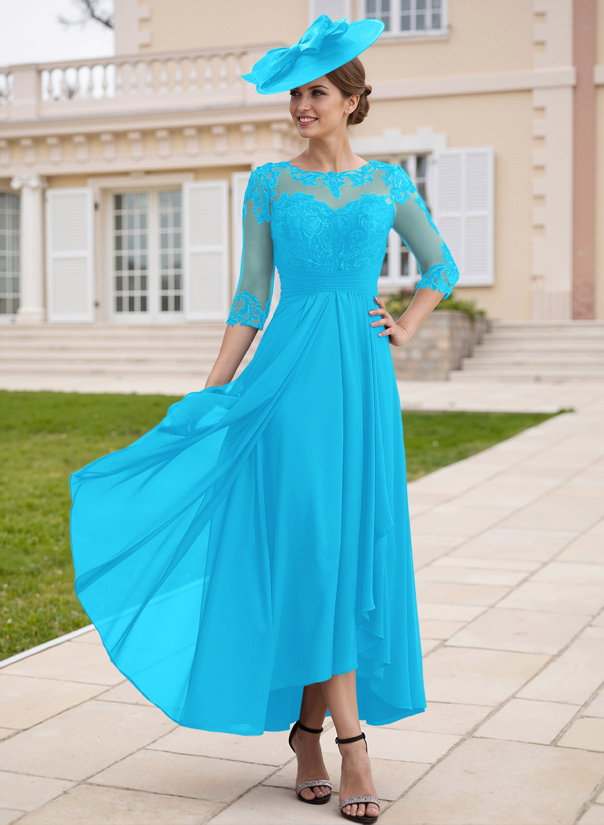 Elegant Illusion Neck A-Line Ankle-Length Lace/Chiffon Mother Of The Bride Dresses