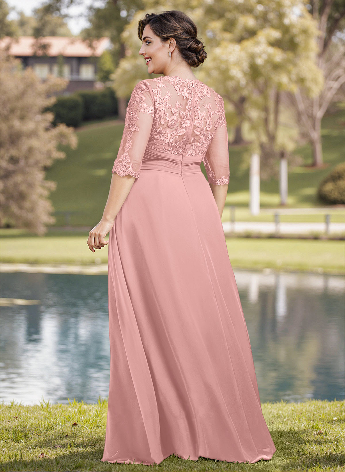 A-Line Illusion Neck 1/2 Sleeves Chiffon Mother Of The Bride Dresses With Appliques Lace
