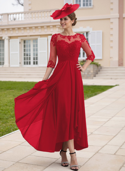 Elegant Illusion Neck A-Line Ankle-Length Lace/Chiffon Mother Of The Bride Dresses