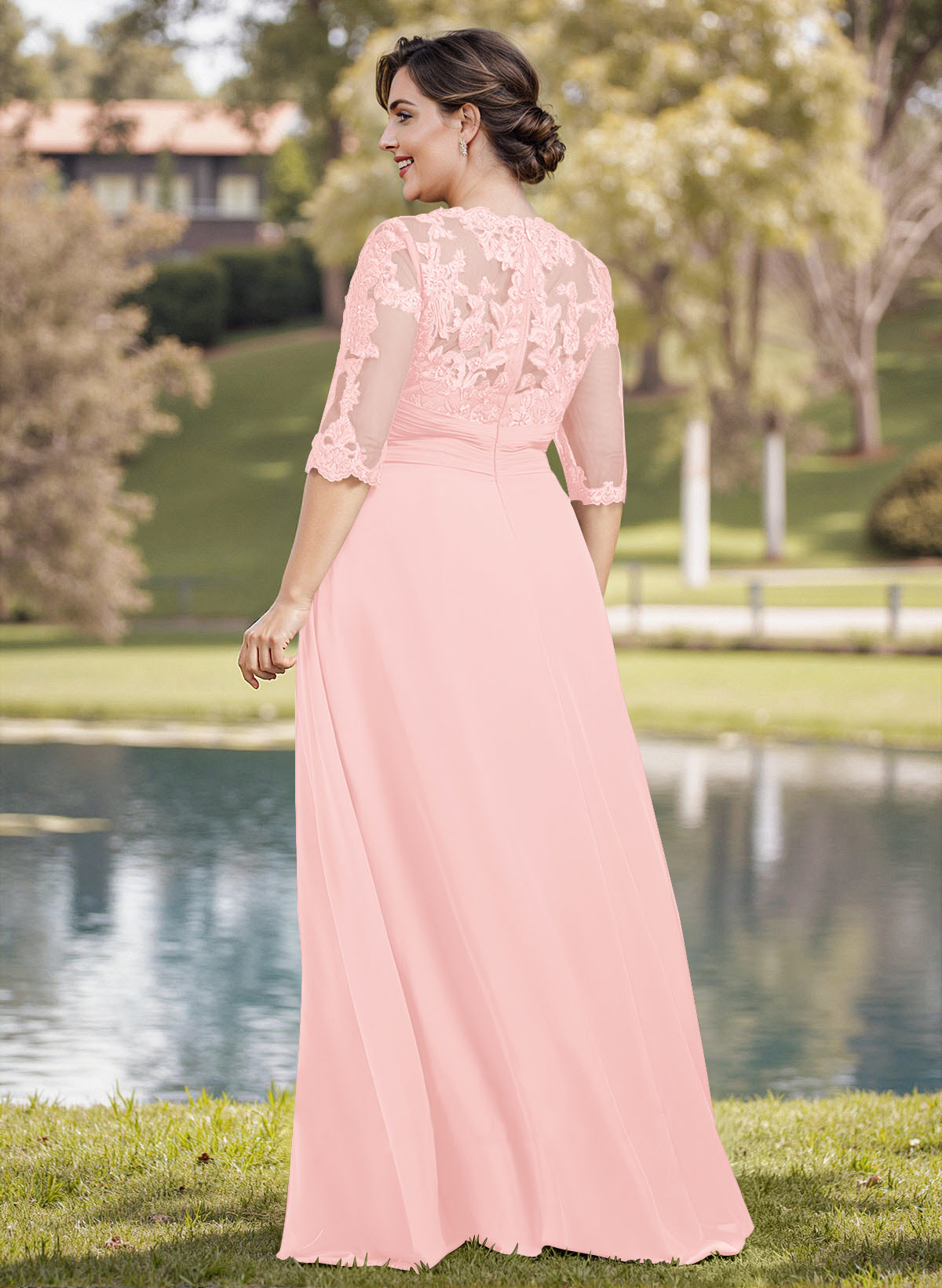 A-Line Illusion Neck 1/2 Sleeves Chiffon Mother Of The Bride Dresses With Appliques Lace