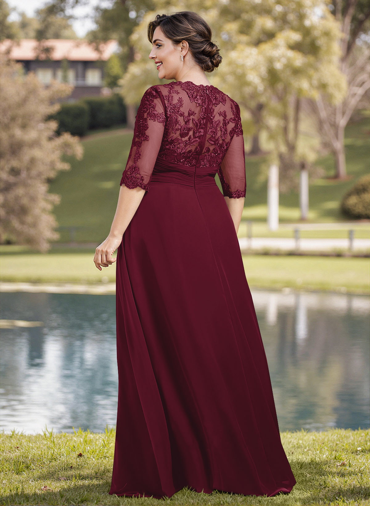 A-Line Illusion Neck 1/2 Sleeves Chiffon Mother Of The Bride Dresses With Appliques Lace