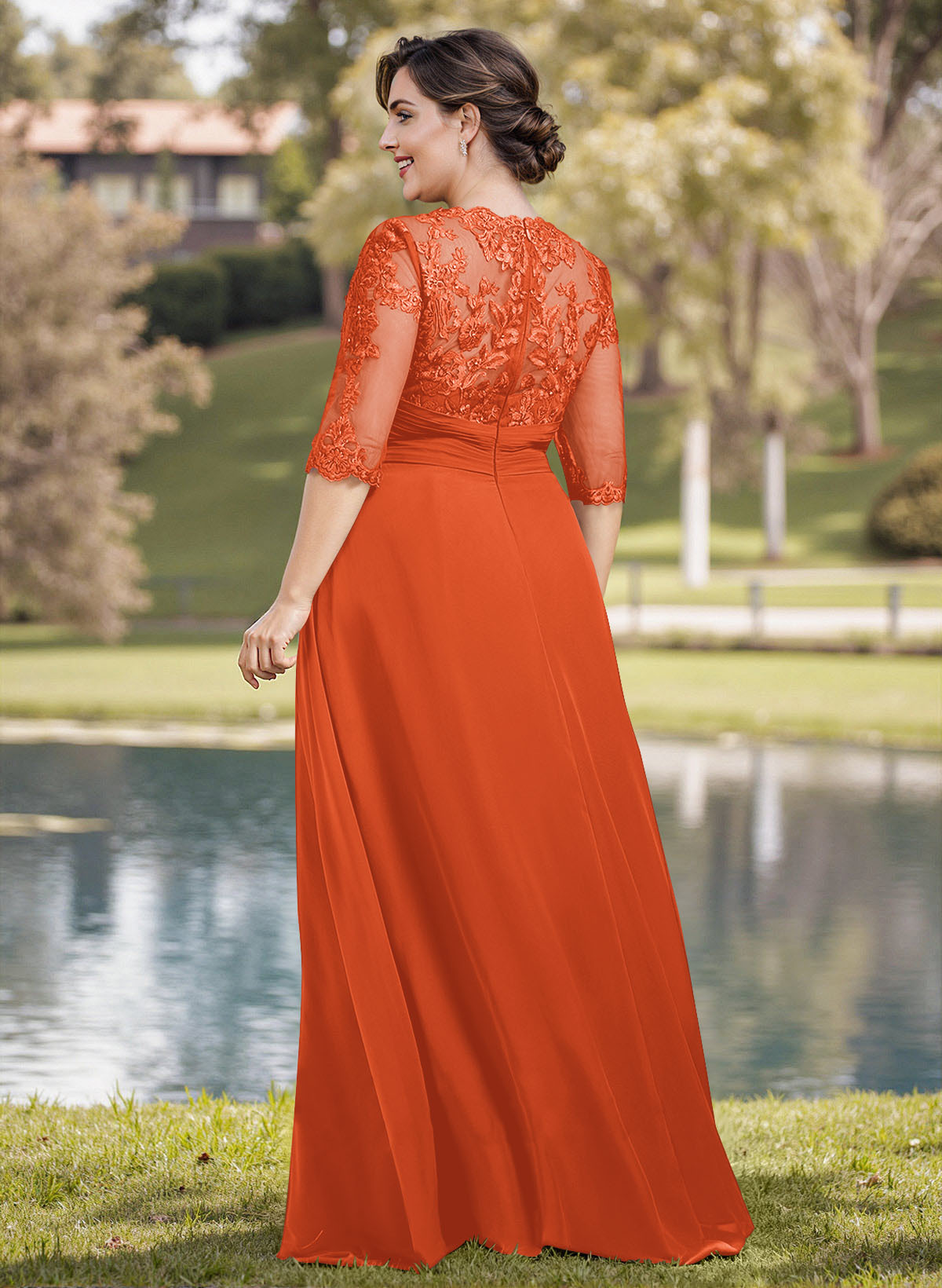 A-Line Illusion Neck 1/2 Sleeves Chiffon Mother Of The Bride Dresses With Appliques Lace