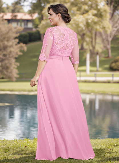 A-Line Illusion Neck 1/2 Sleeves Chiffon Mother Of The Bride Dresses With Appliques Lace