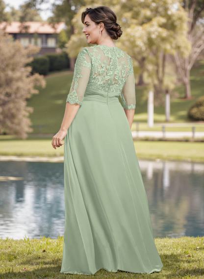 A-Line Illusion Neck 1/2 Sleeves Chiffon Mother Of The Bride Dresses With Appliques Lace