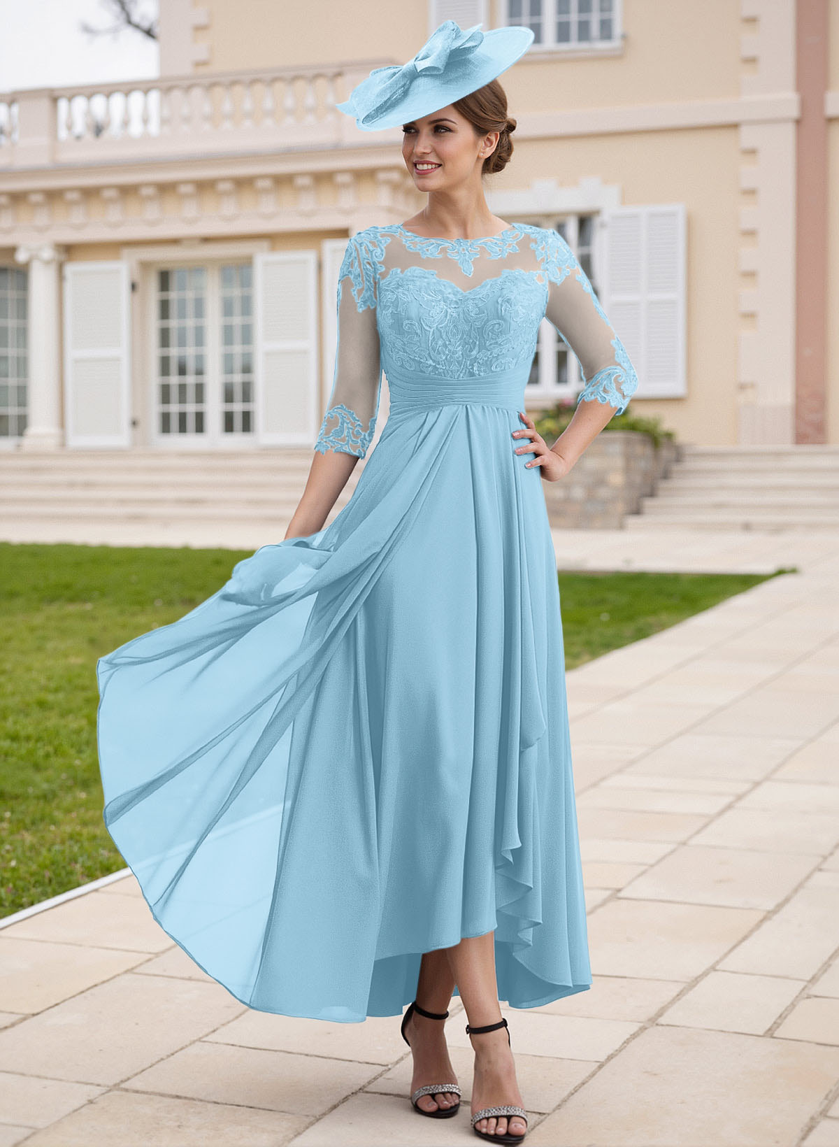 Elegant Illusion Neck A-Line Ankle-Length Lace/Chiffon Mother Of The Bride Dresses