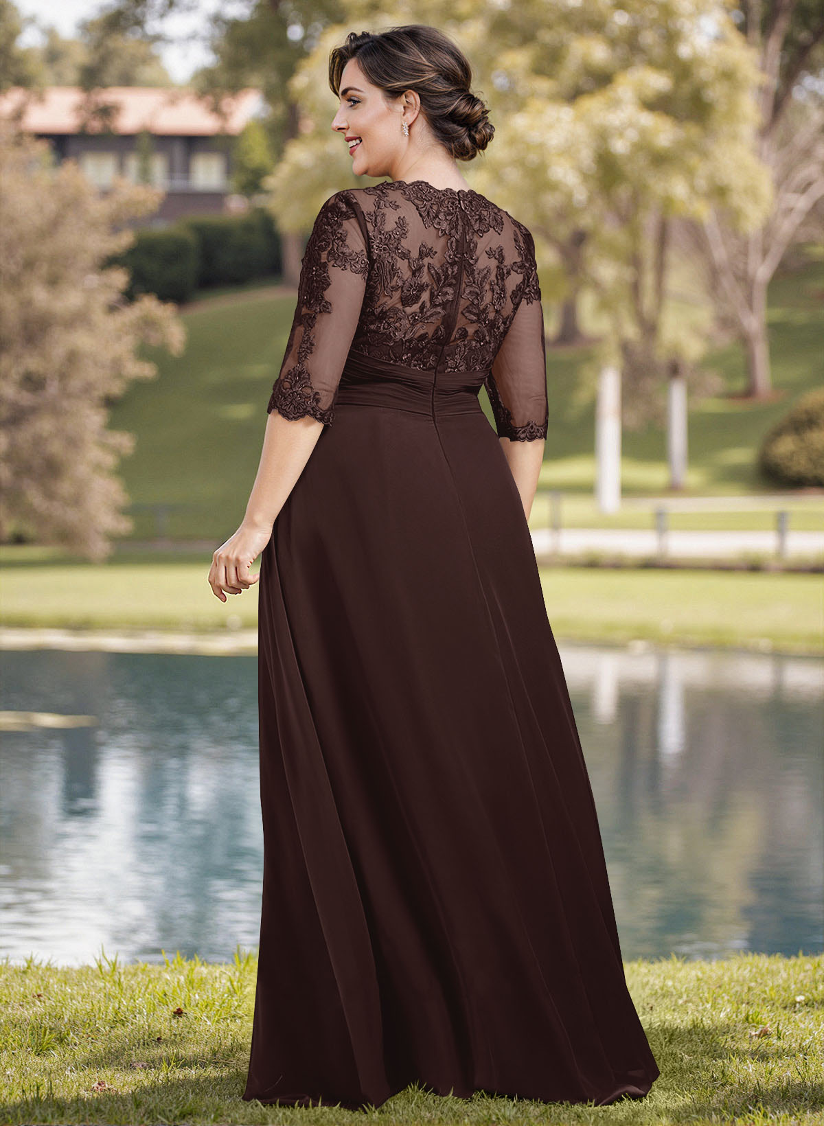 A-Line Illusion Neck 1/2 Sleeves Chiffon Mother Of The Bride Dresses With Appliques Lace