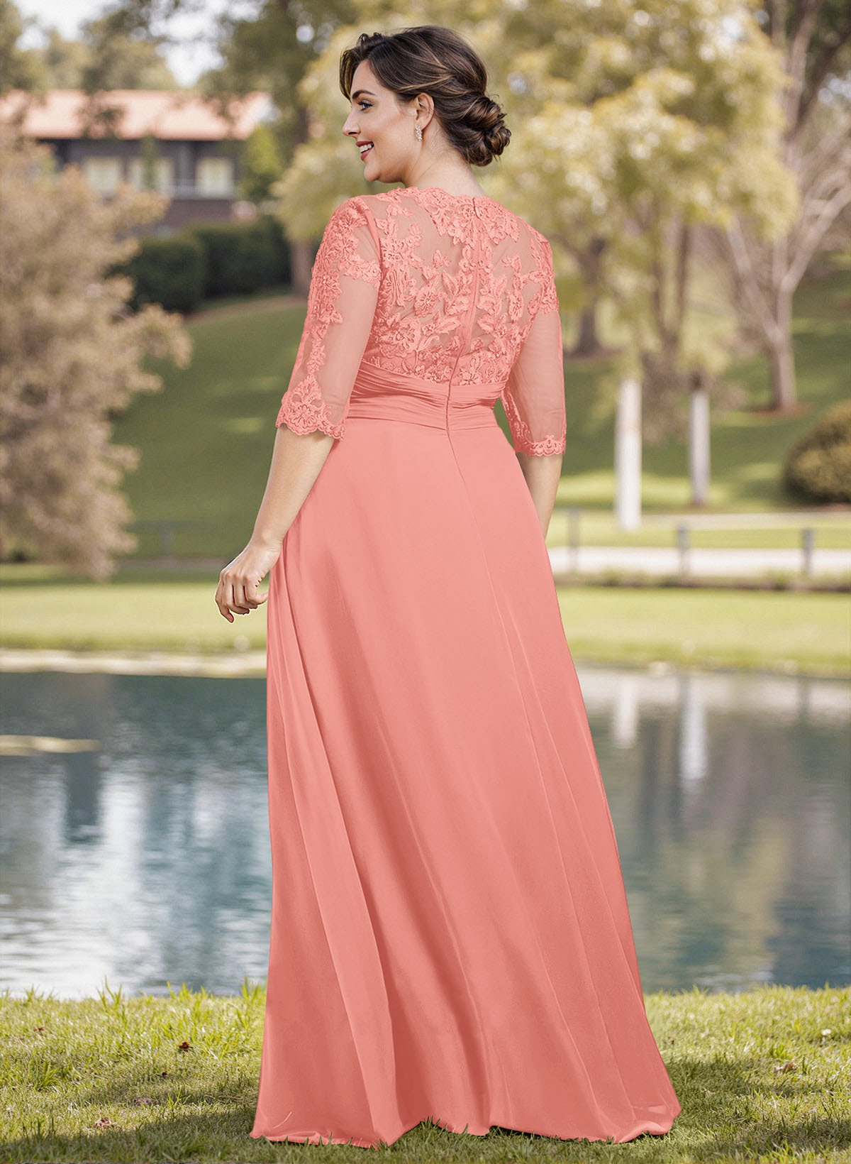 A-Line Illusion Neck 1/2 Sleeves Chiffon Mother Of The Bride Dresses With Appliques Lace