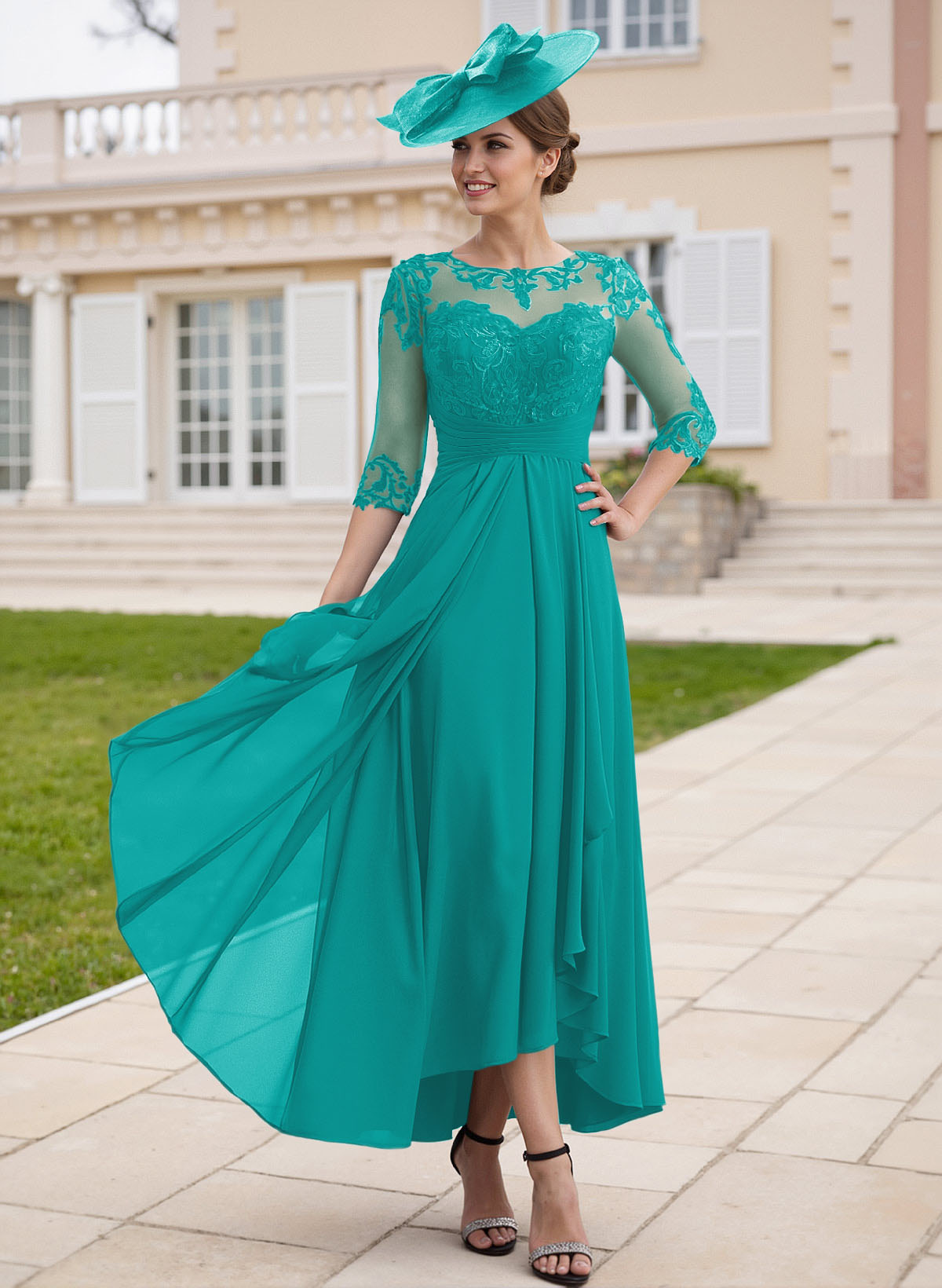 Elegant Illusion Neck A-Line Ankle-Length Lace/Chiffon Mother Of The Bride Dresses