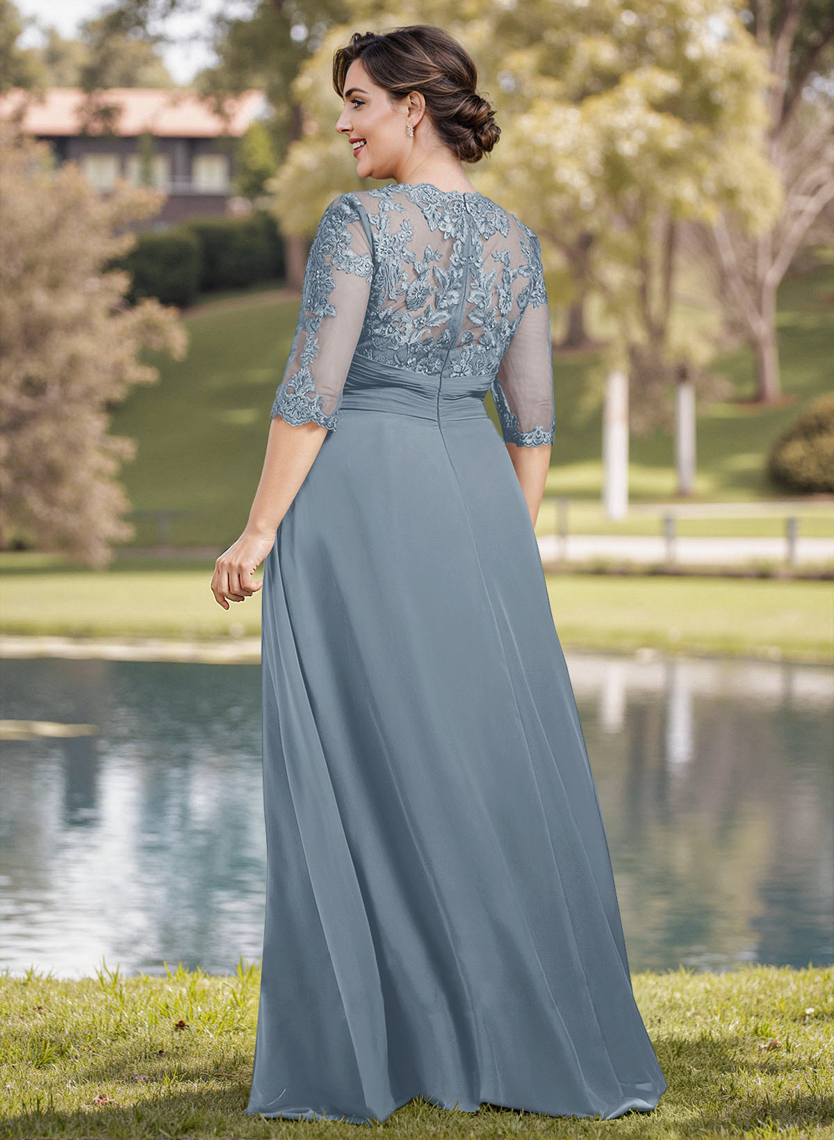 A-Line Illusion Neck 1/2 Sleeves Chiffon Mother Of The Bride Dresses With Appliques Lace