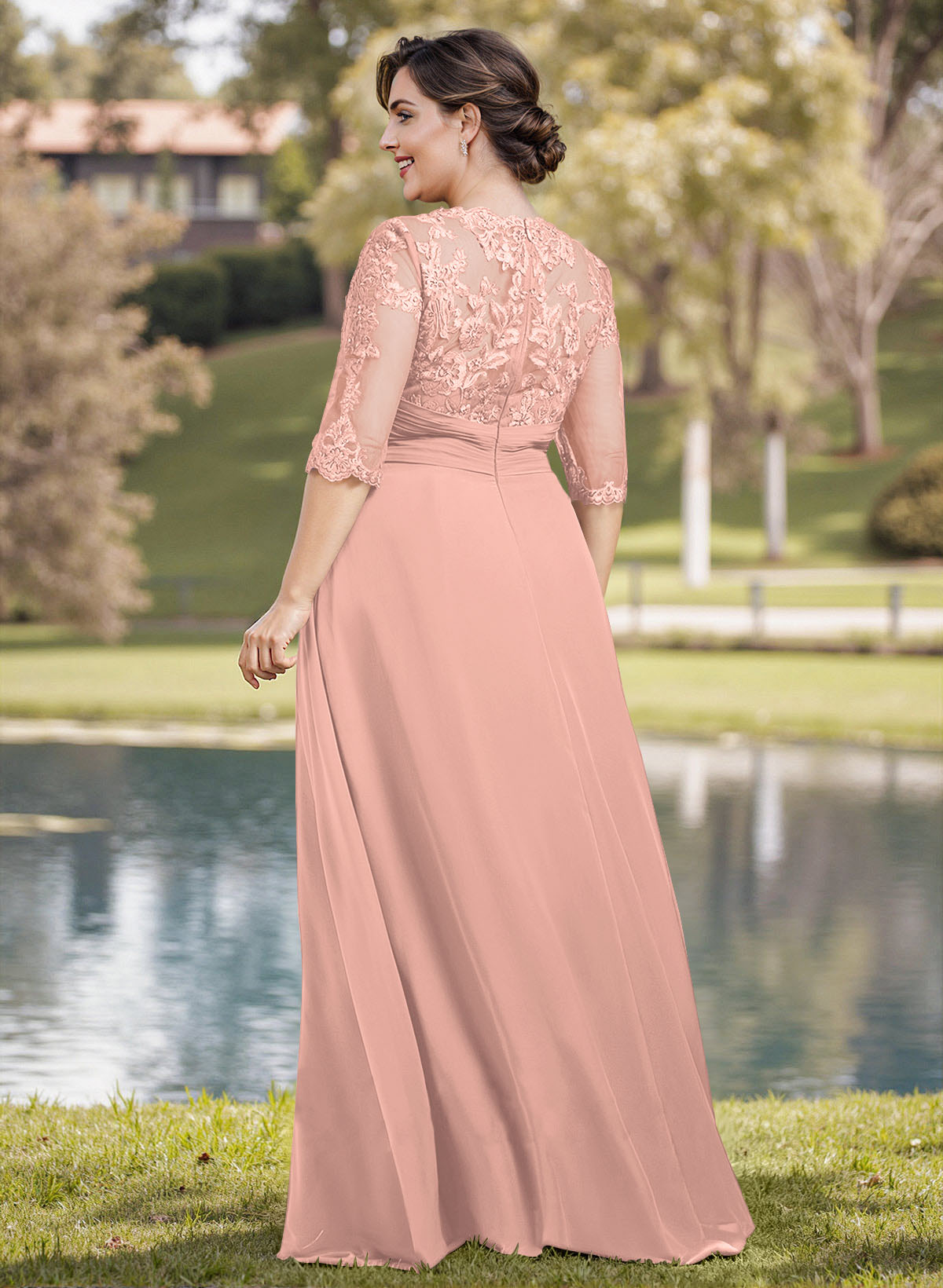 A-Line Illusion Neck 1/2 Sleeves Chiffon Mother Of The Bride Dresses With Appliques Lace