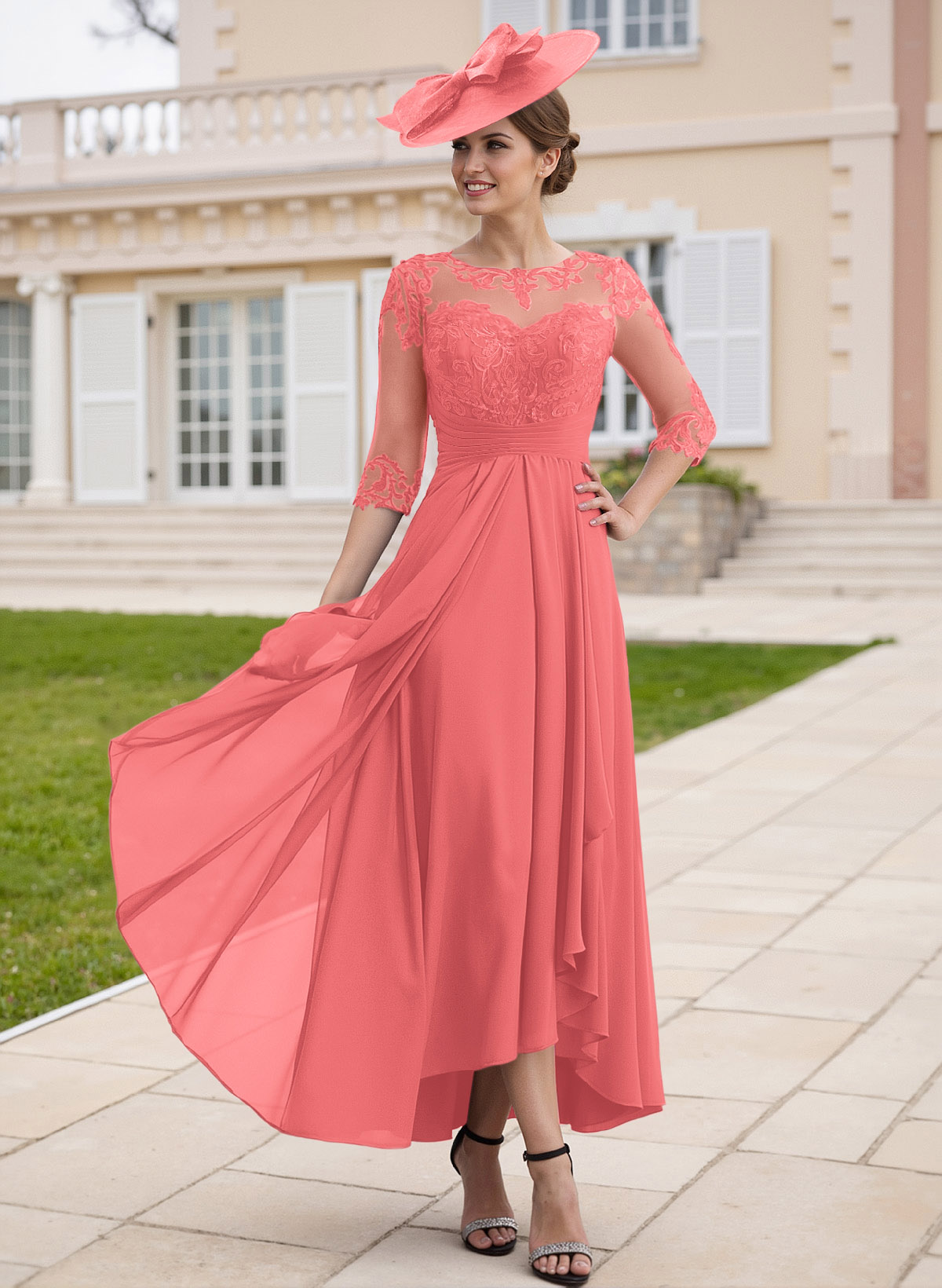 Elegant Illusion Neck A-Line Ankle-Length Lace/Chiffon Mother Of The Bride Dresses