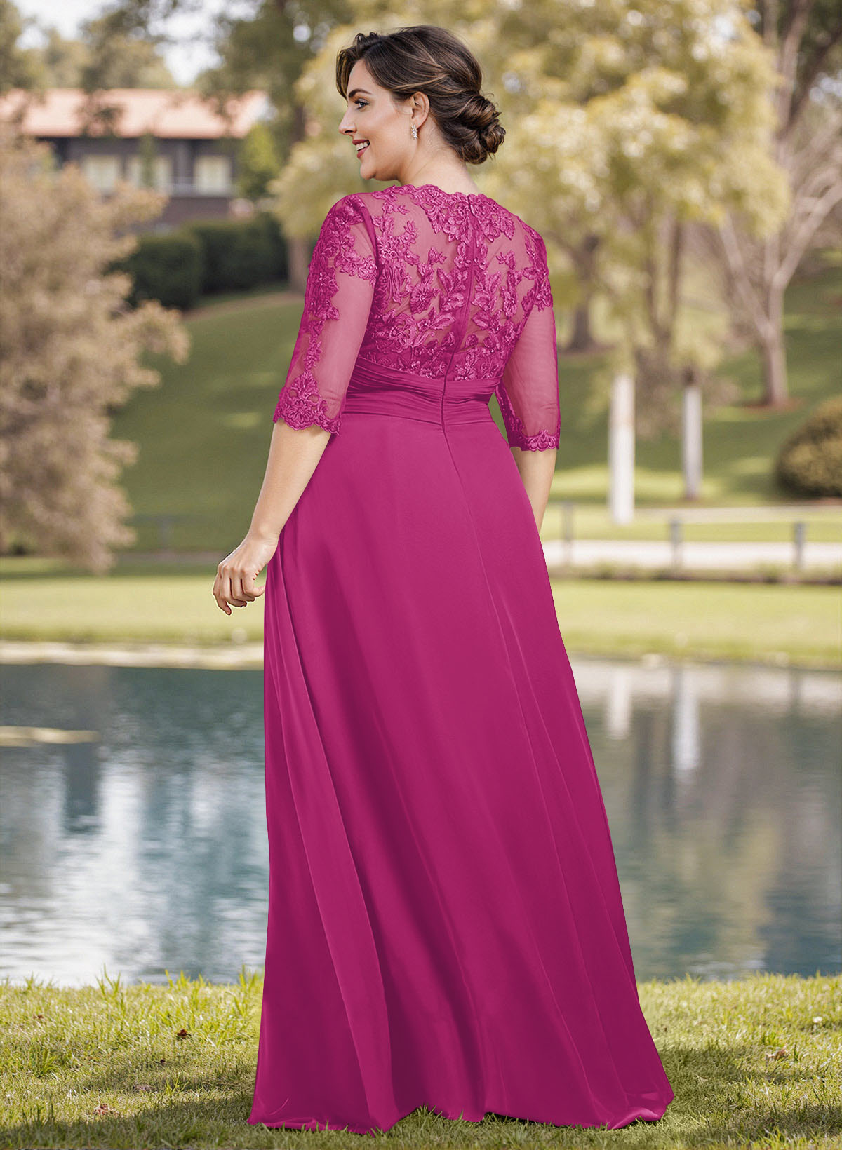 A-Line Illusion Neck 1/2 Sleeves Chiffon Mother Of The Bride Dresses With Appliques Lace
