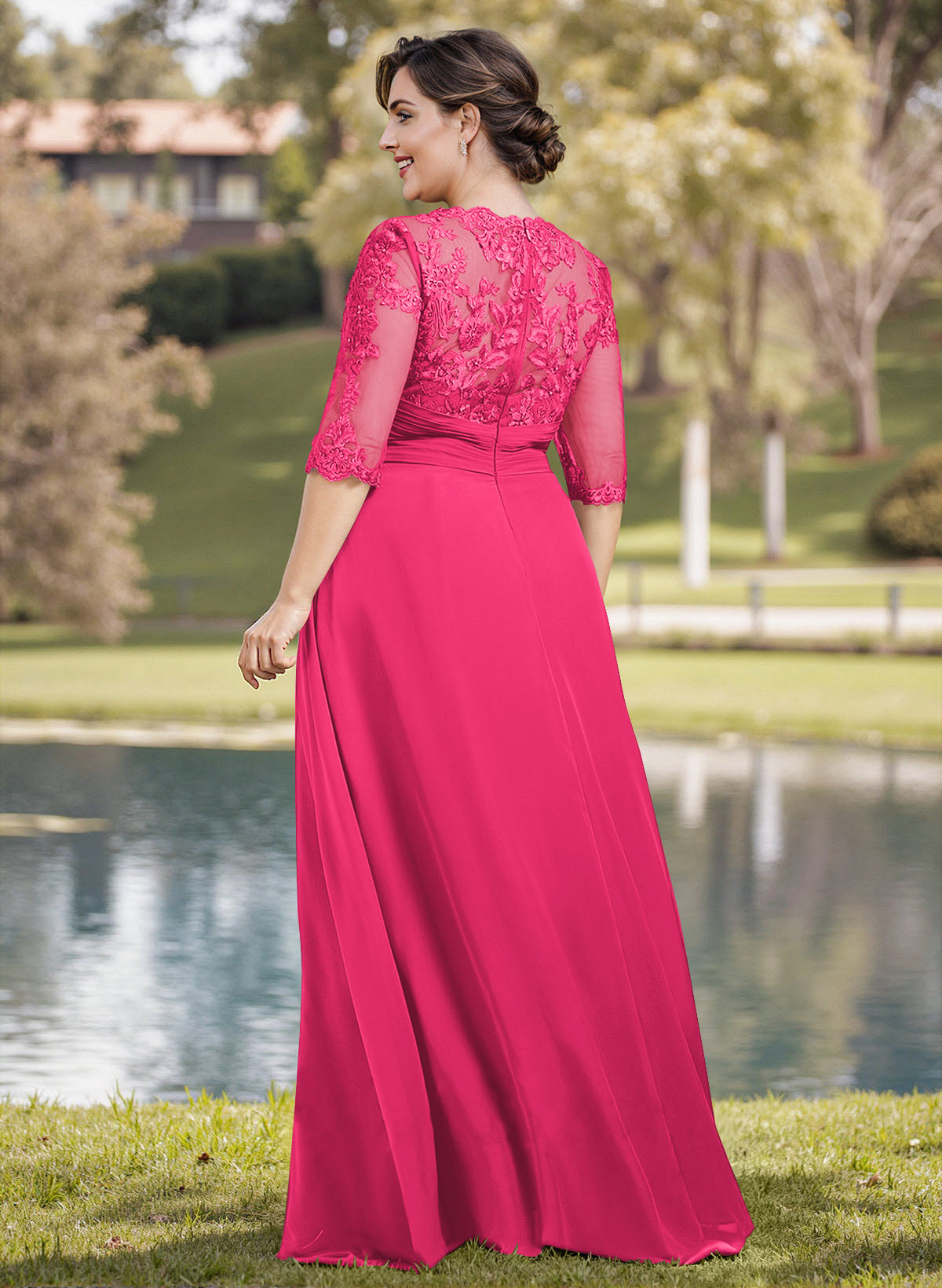 A-Line Illusion Neck 1/2 Sleeves Chiffon Mother Of The Bride Dresses With Appliques Lace
