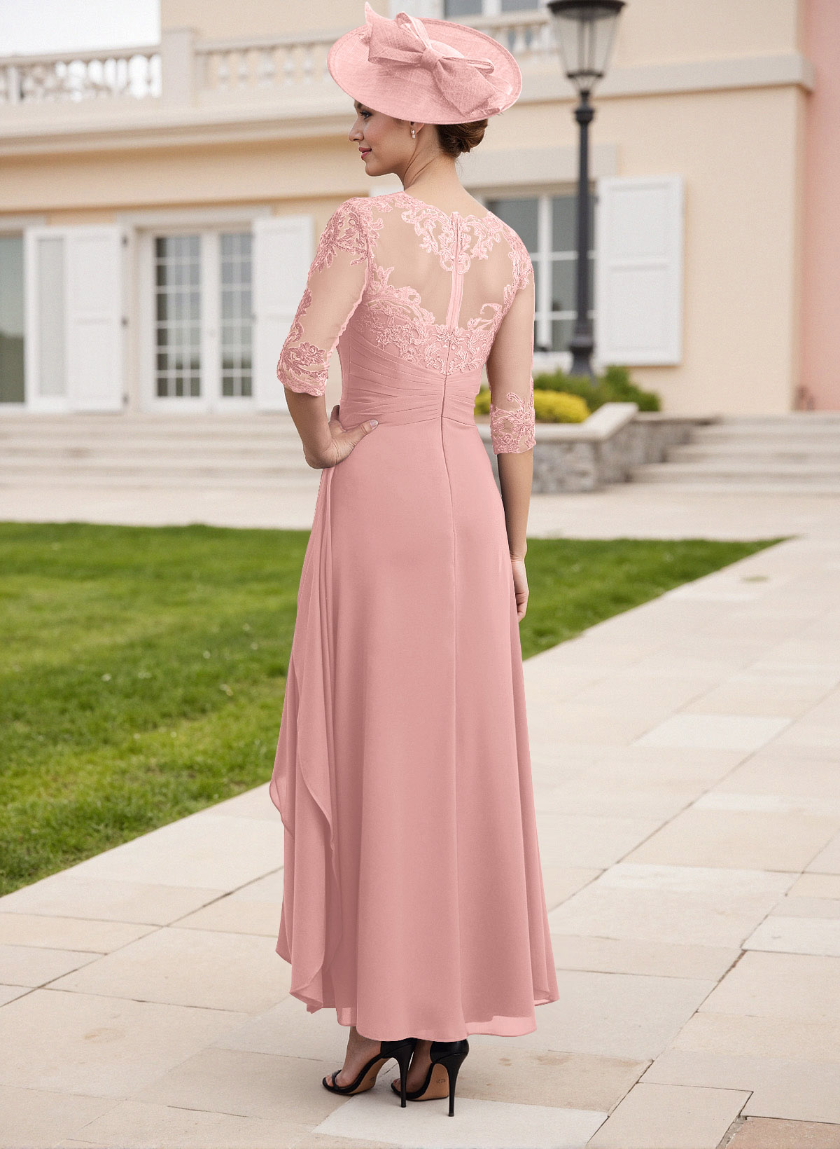 Elegant Illusion Neck A-Line Ankle-Length Lace/Chiffon Mother Of The Bride Dresses