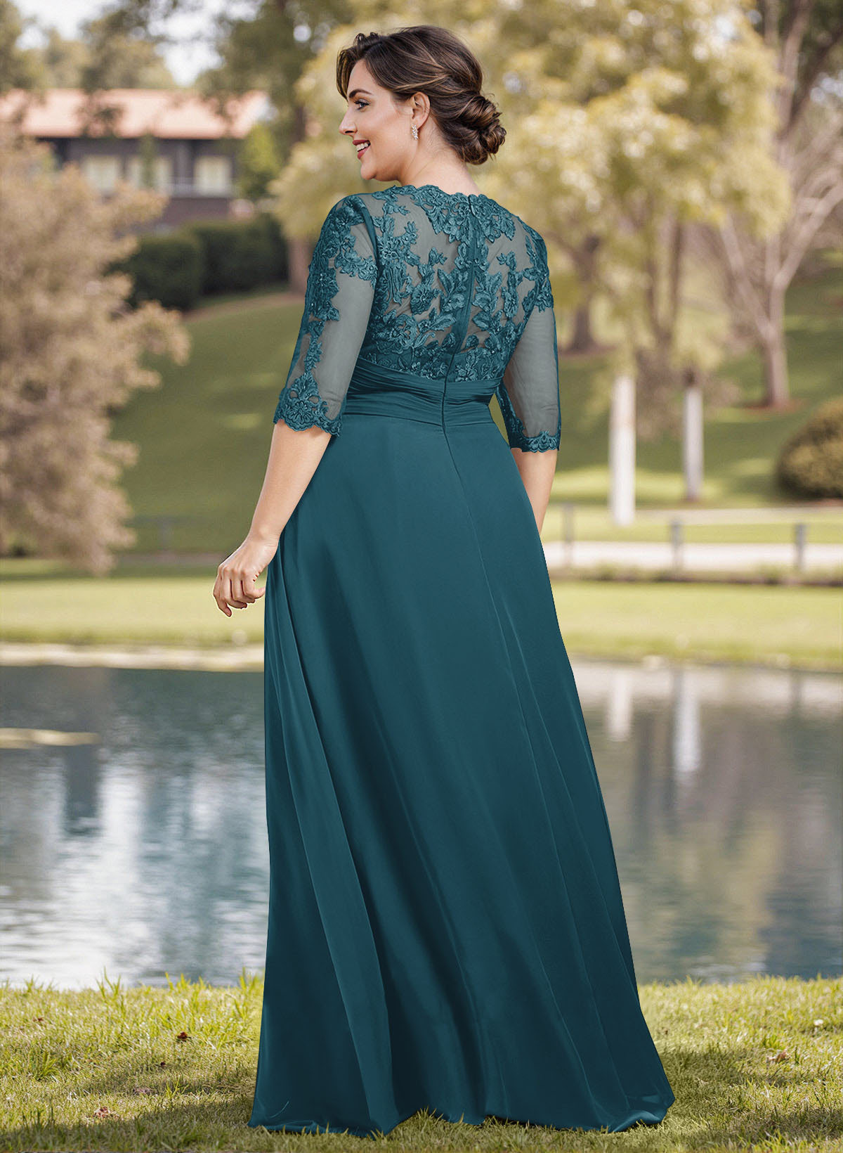 A-Line Illusion Neck 1/2 Sleeves Chiffon Mother Of The Bride Dresses With Appliques Lace