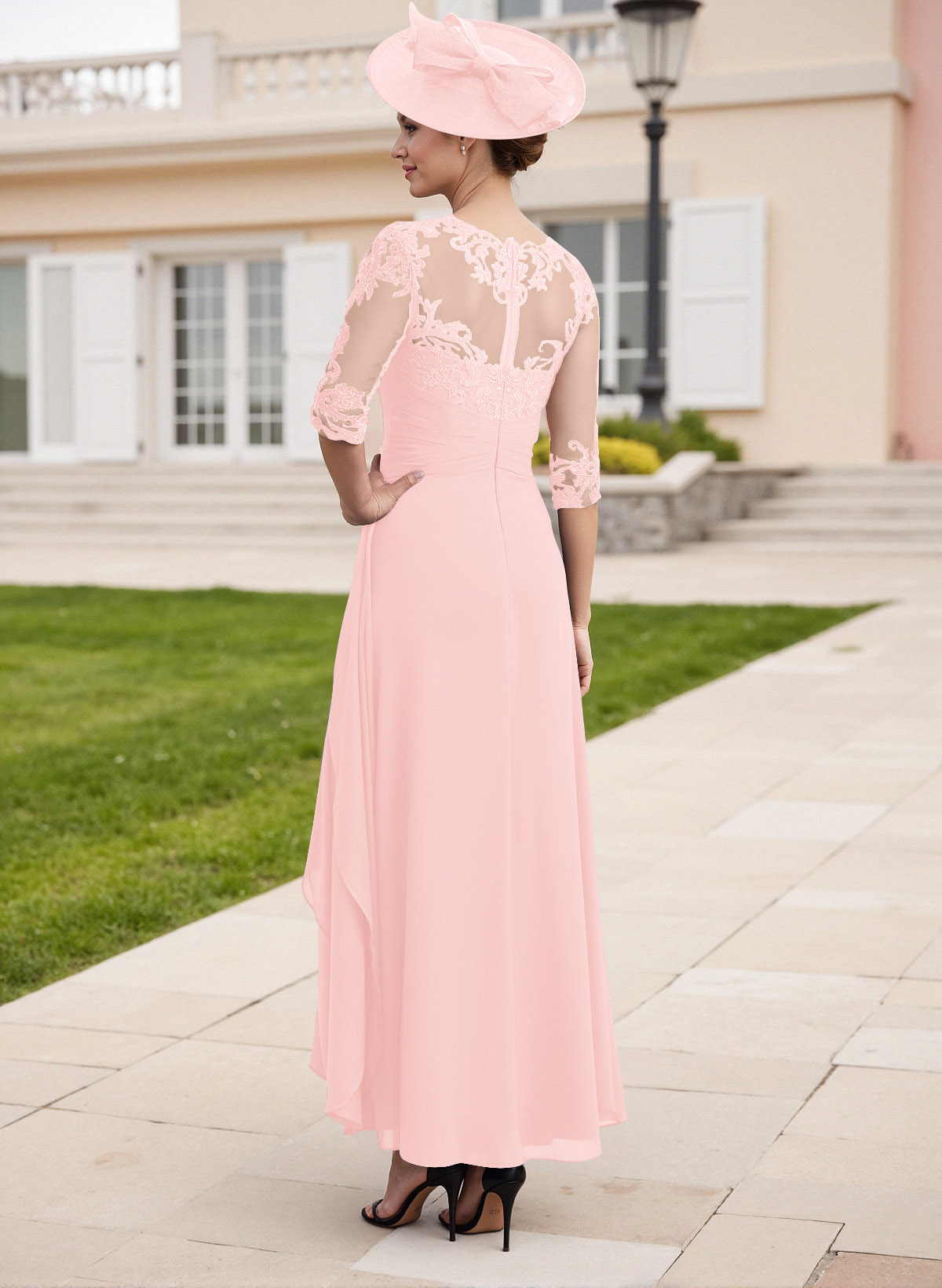 Elegant Illusion Neck A-Line Ankle-Length Lace/Chiffon Mother Of The Bride Dresses