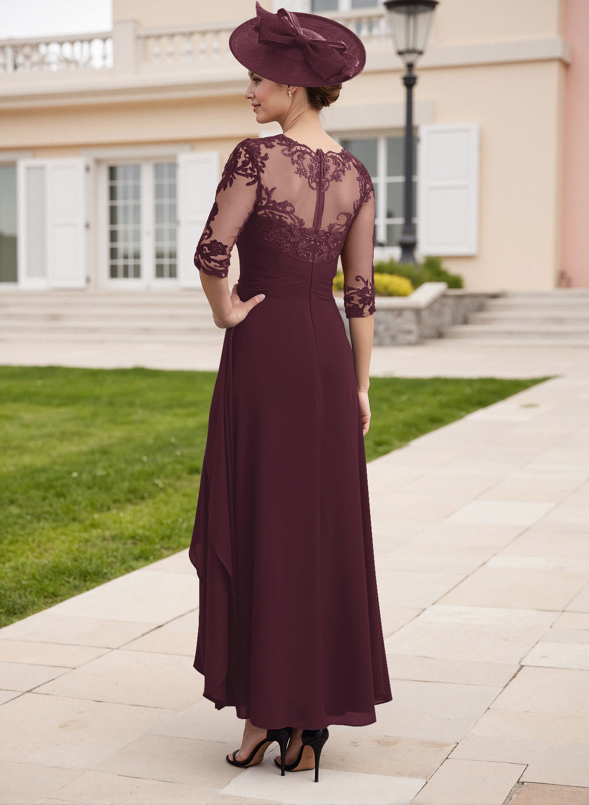 Elegant Illusion Neck A-Line Ankle-Length Lace/Chiffon Mother Of The Bride Dresses