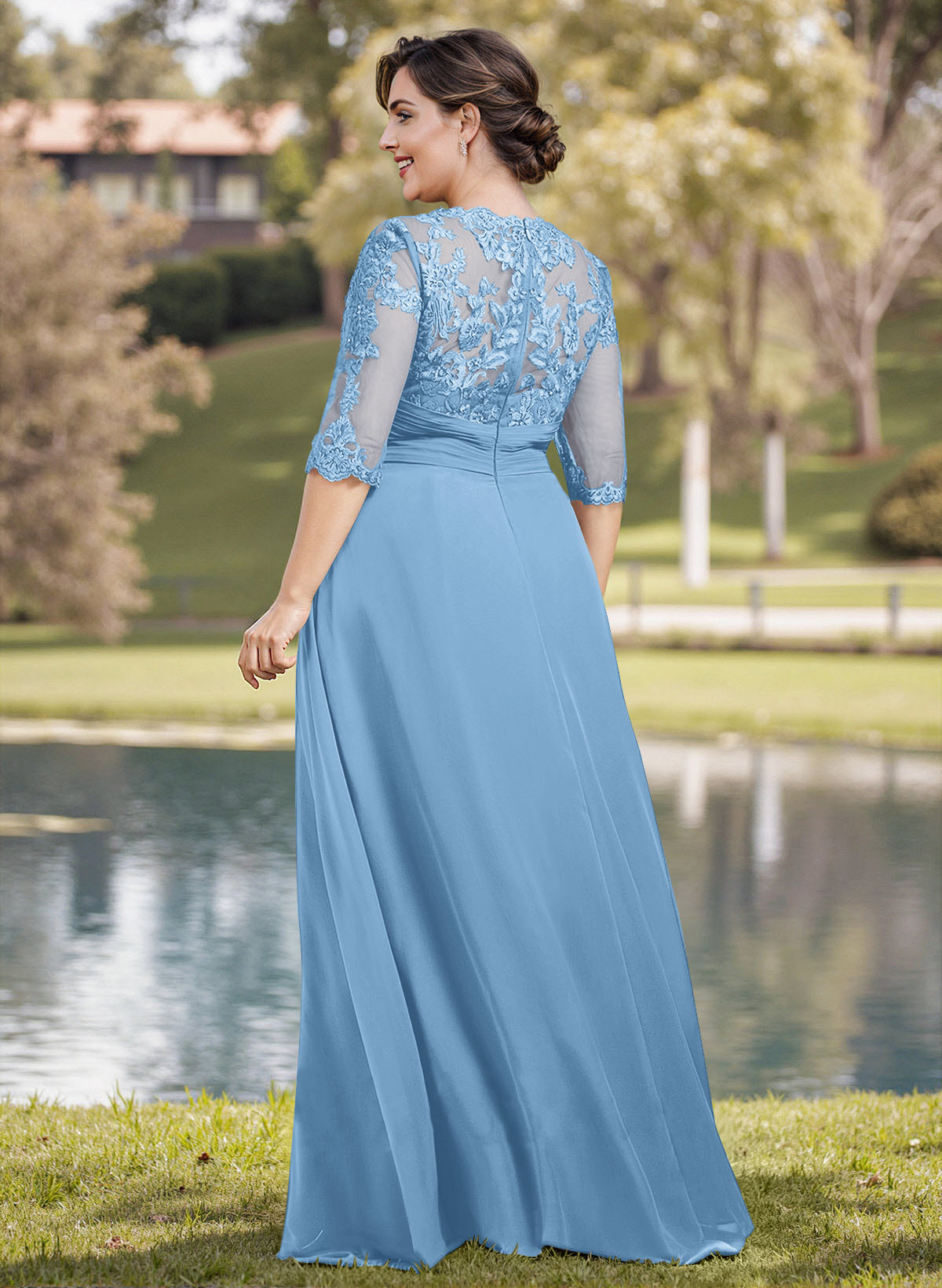 A-Line Illusion Neck 1/2 Sleeves Chiffon Mother Of The Bride Dresses With Appliques Lace
