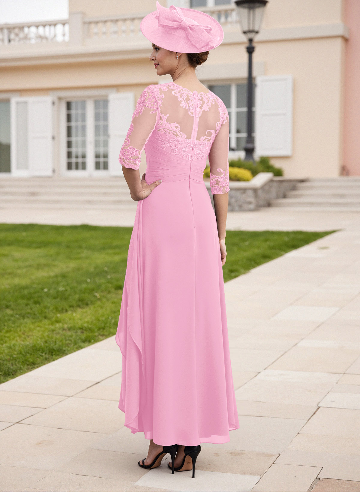 Elegant Illusion Neck A-Line Ankle-Length Lace/Chiffon Mother Of The Bride Dresses