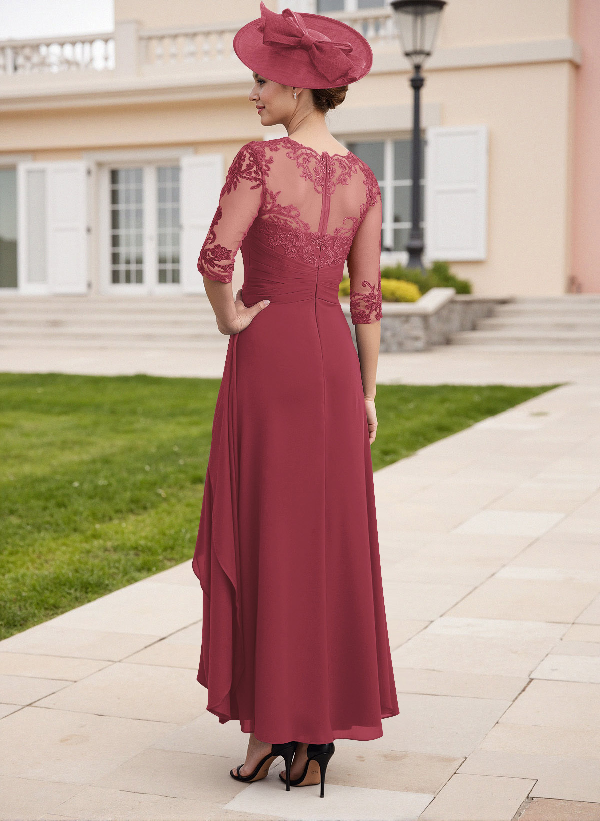 Elegant Illusion Neck A-Line Ankle-Length Lace/Chiffon Mother Of The Bride Dresses