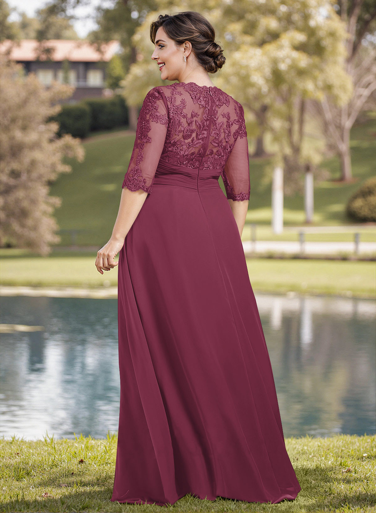 A-Line Illusion Neck 1/2 Sleeves Chiffon Mother Of The Bride Dresses With Appliques Lace