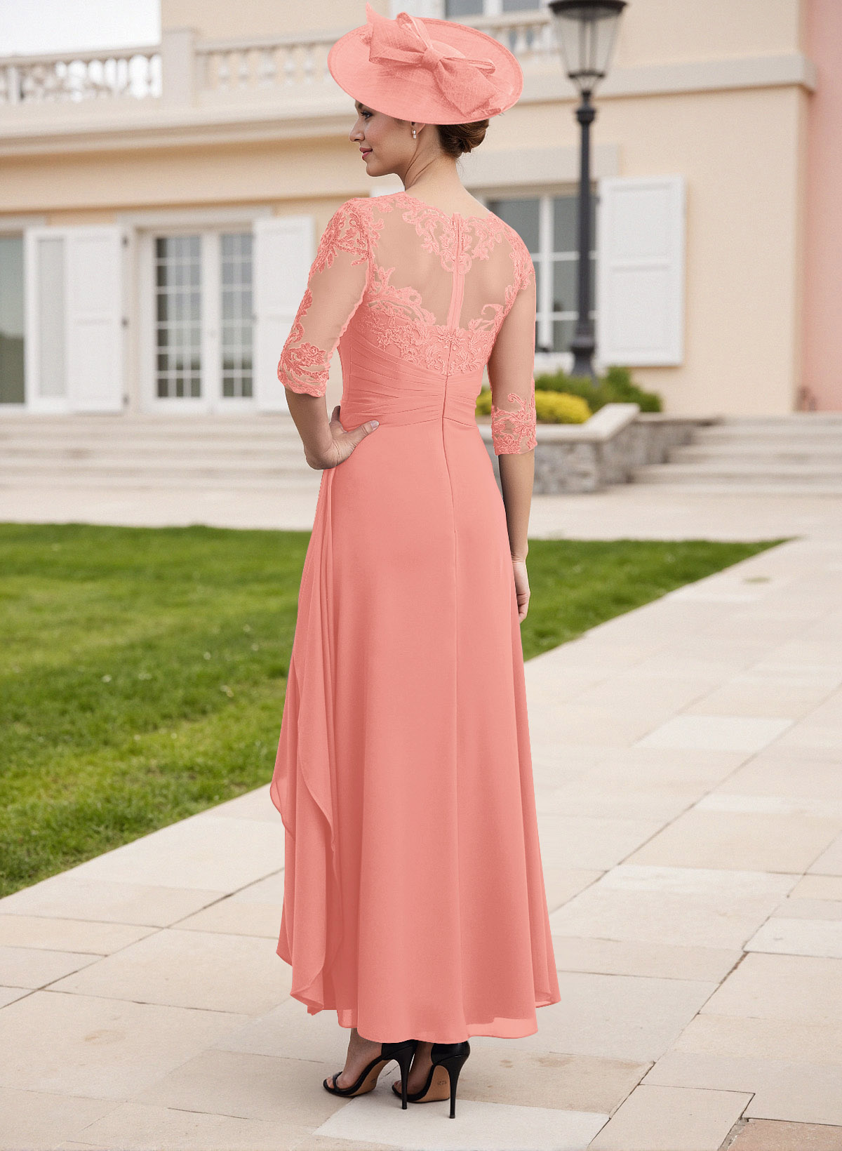 Elegant Illusion Neck A-Line Ankle-Length Lace/Chiffon Mother Of The Bride Dresses