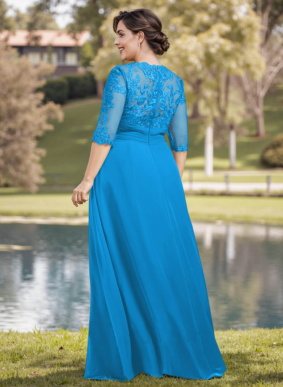 A-Line Illusion Neck 1/2 Sleeves Chiffon Mother Of The Bride Dresses With Appliques Lace