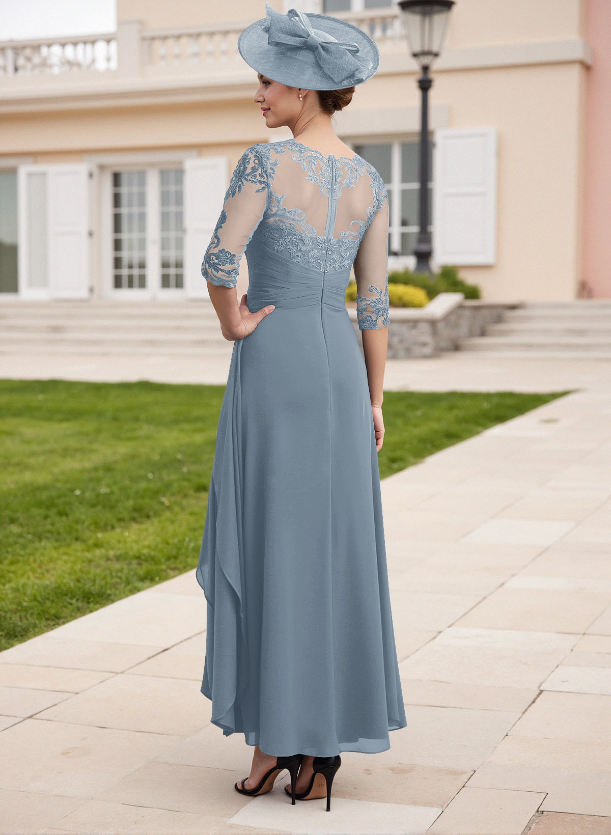 Elegant Illusion Neck A-Line Ankle-Length Lace/Chiffon Mother Of The Bride Dresses