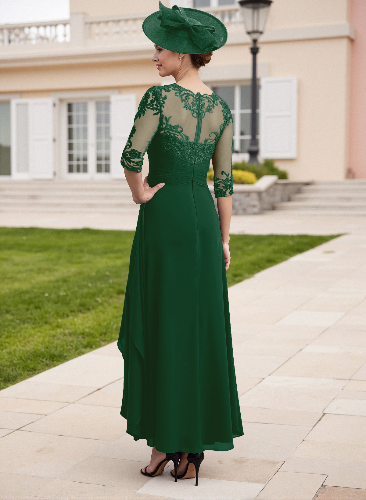 Elegant Illusion Neck A-Line Ankle-Length Lace/Chiffon Mother Of The Bride Dresses