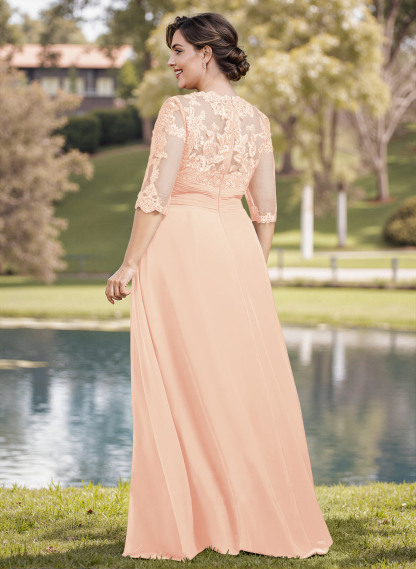 A-Line Illusion Neck 1/2 Sleeves Chiffon Mother Of The Bride Dresses With Appliques Lace
