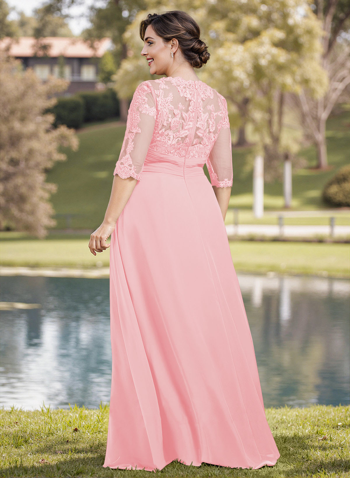 A-Line Illusion Neck 1/2 Sleeves Chiffon Mother Of The Bride Dresses With Appliques Lace