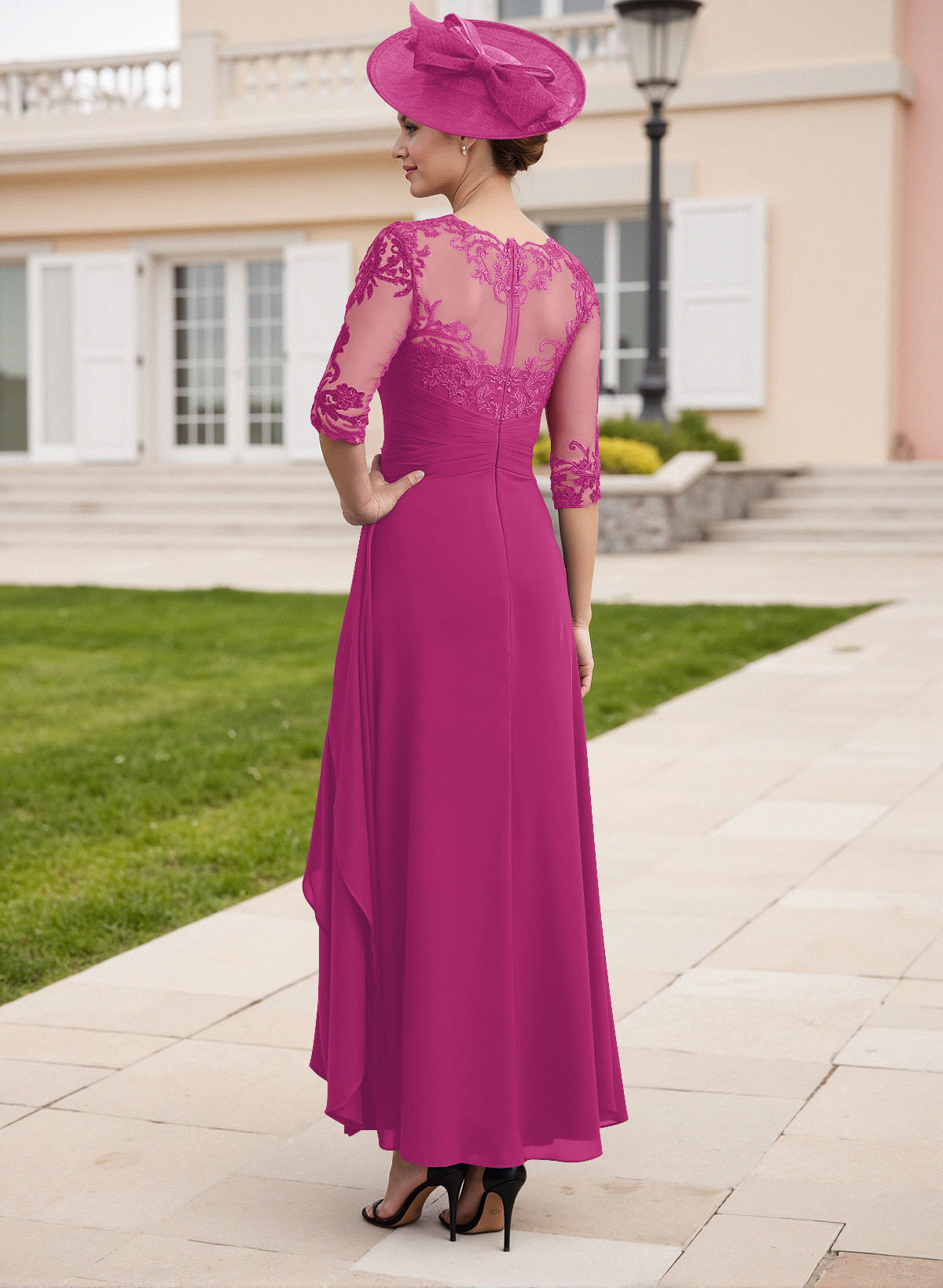 Elegant Illusion Neck A-Line Ankle-Length Lace/Chiffon Mother Of The Bride Dresses