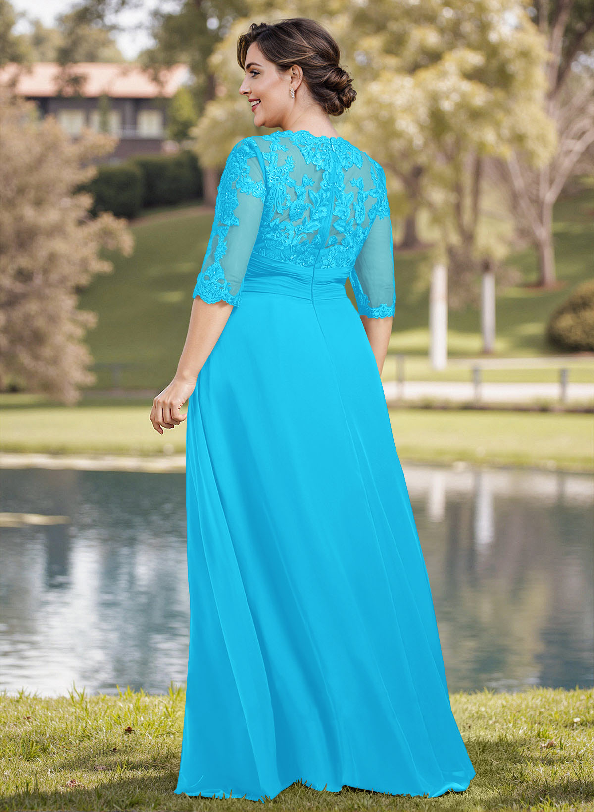 A-Line Illusion Neck 1/2 Sleeves Chiffon Mother Of The Bride Dresses With Appliques Lace