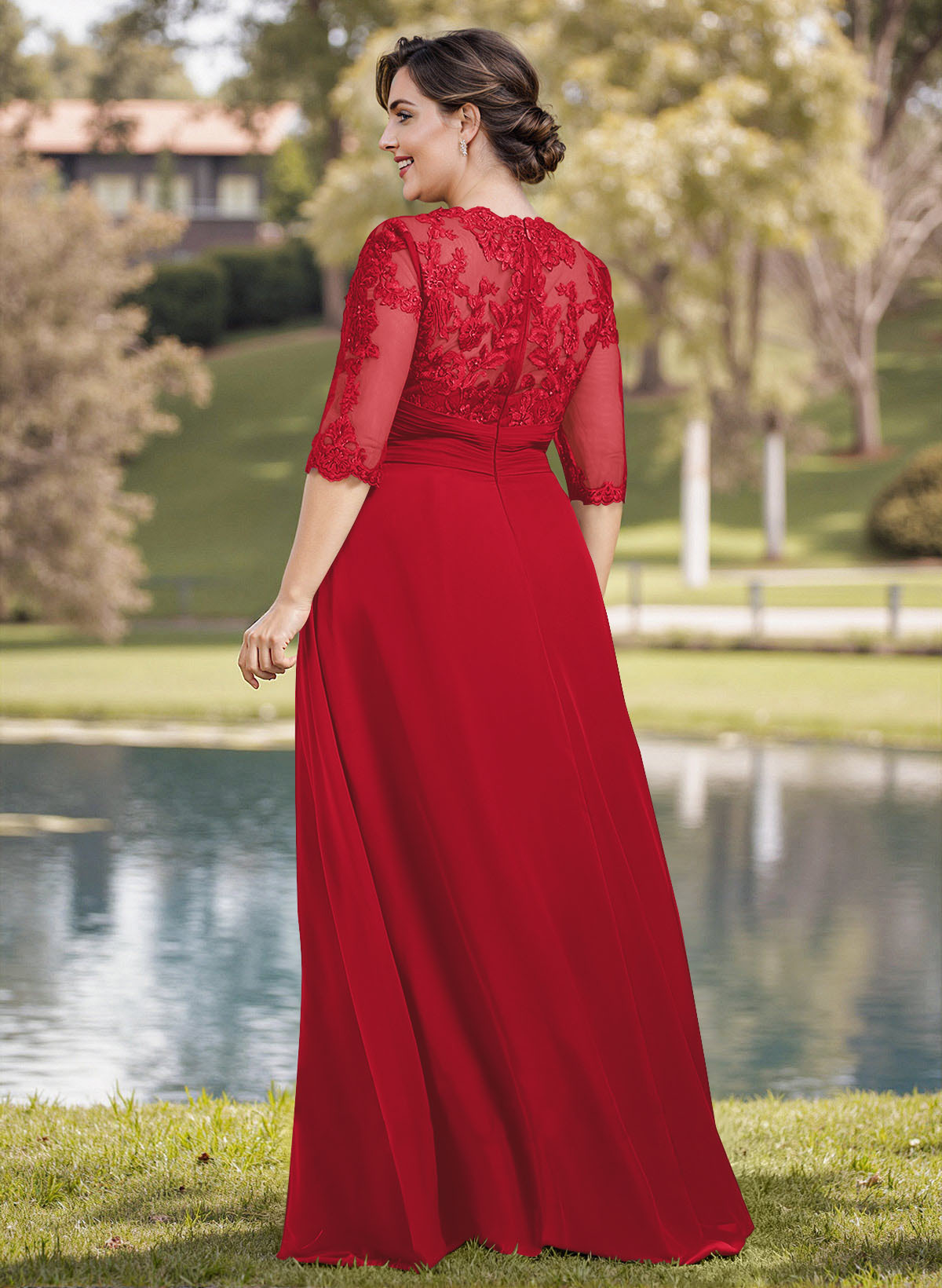 A-Line Illusion Neck 1/2 Sleeves Chiffon Mother Of The Bride Dresses With Appliques Lace