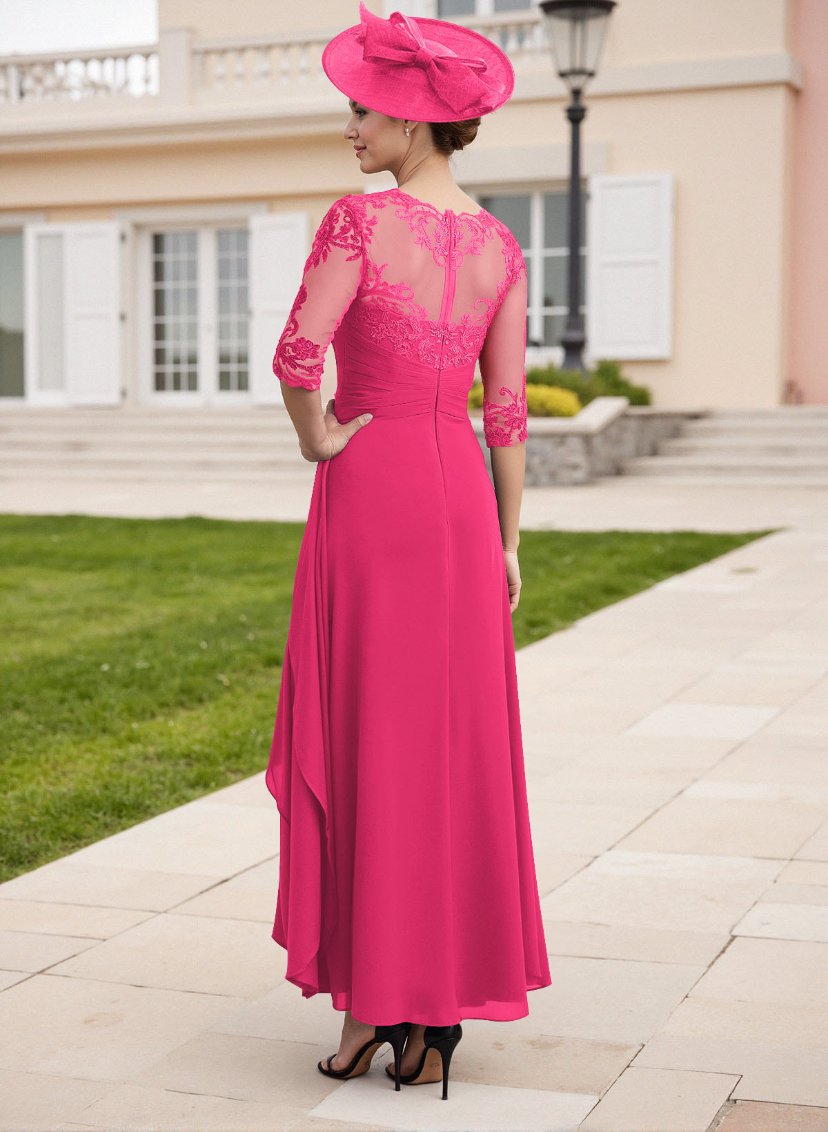 Elegant Illusion Neck A-Line Ankle-Length Lace/Chiffon Mother Of The Bride Dresses