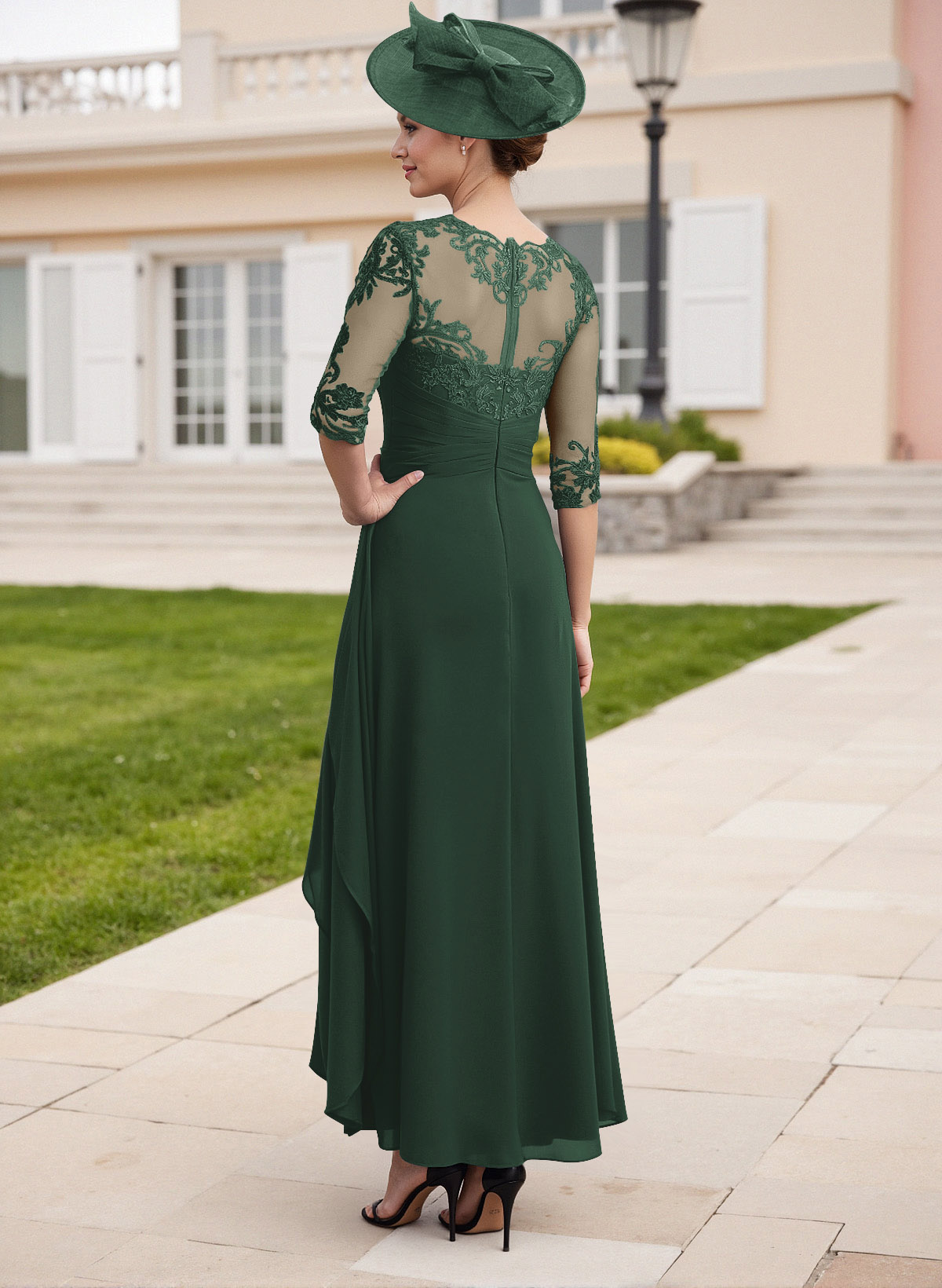 Elegant Illusion Neck A-Line Ankle-Length Lace/Chiffon Mother Of The Bride Dresses