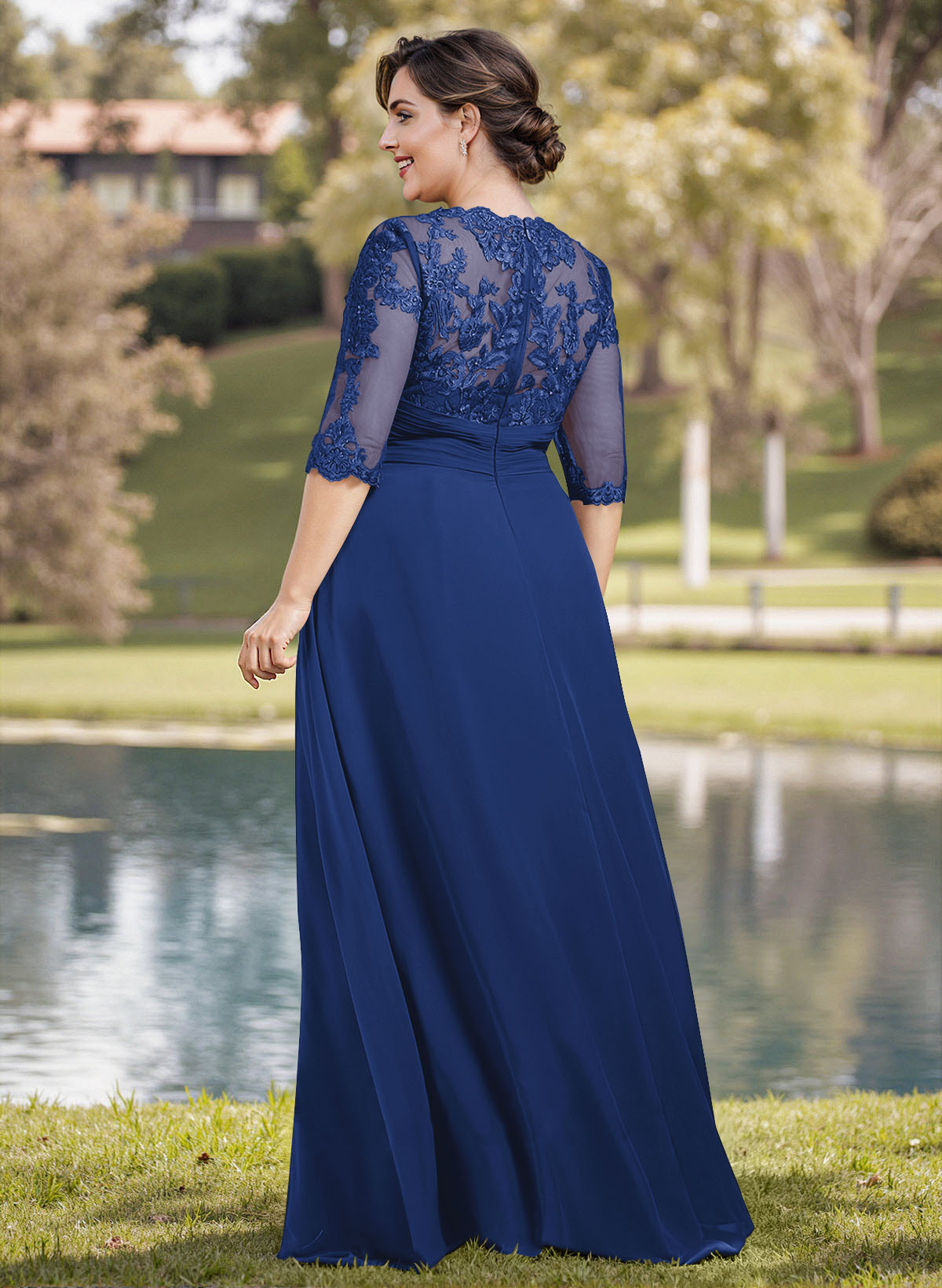 A-Line Illusion Neck 1/2 Sleeves Chiffon Mother Of The Bride Dresses With Appliques Lace