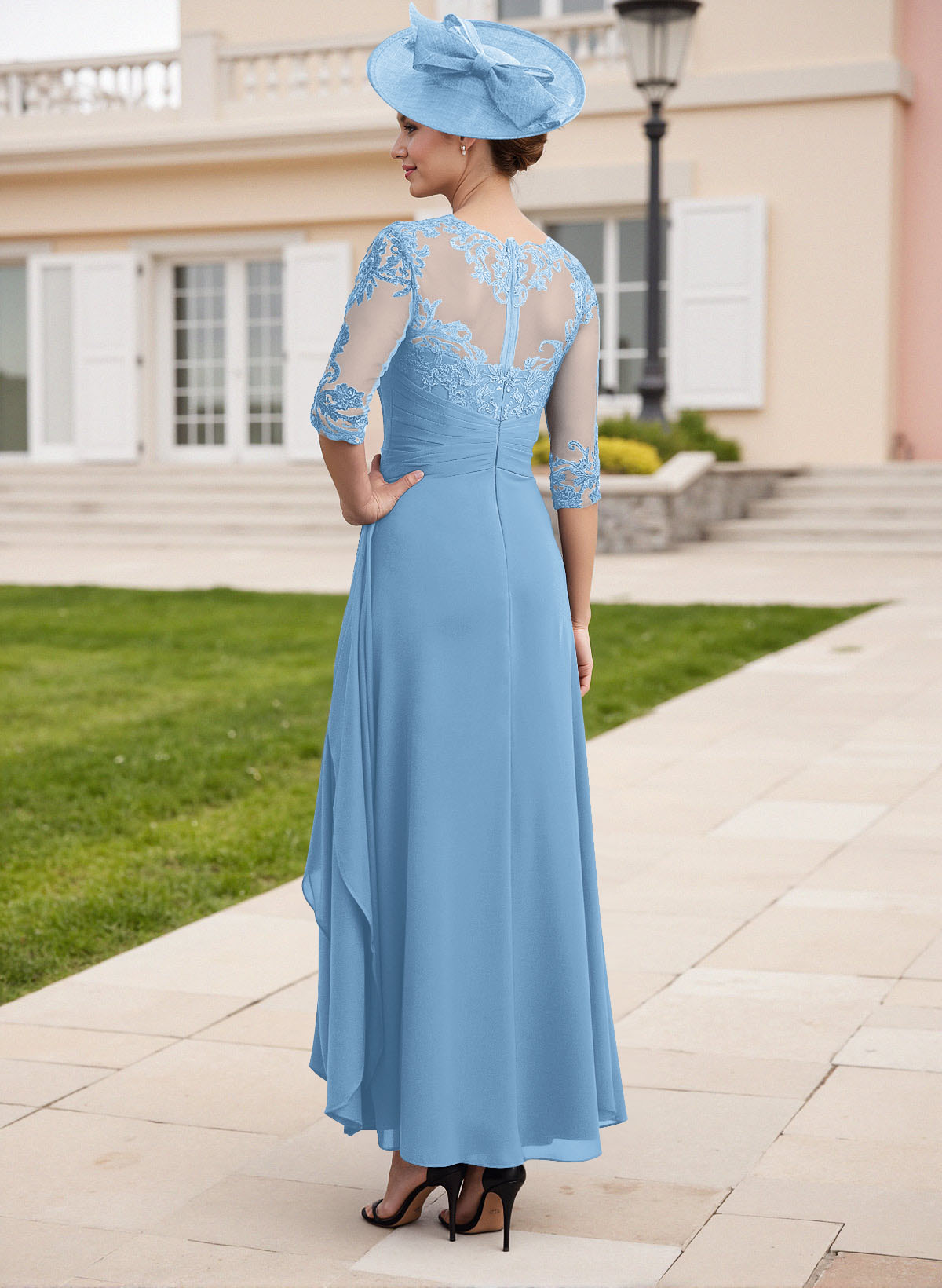 Elegant Illusion Neck A-Line Ankle-Length Lace/Chiffon Mother Of The Bride Dresses