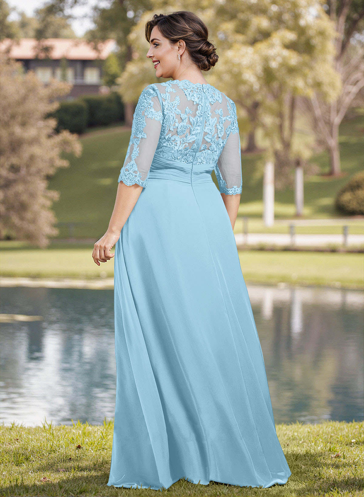 A-Line Illusion Neck 1/2 Sleeves Chiffon Mother Of The Bride Dresses With Appliques Lace