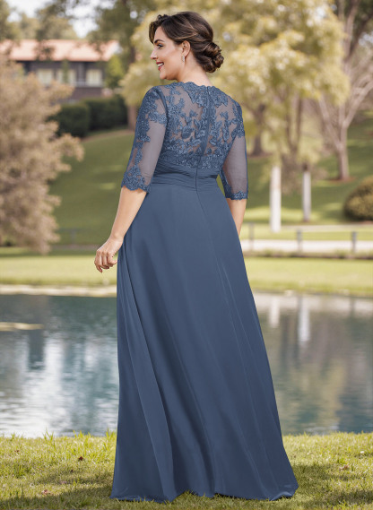 A-Line Illusion Neck 1/2 Sleeves Chiffon Mother Of The Bride Dresses With Appliques Lace