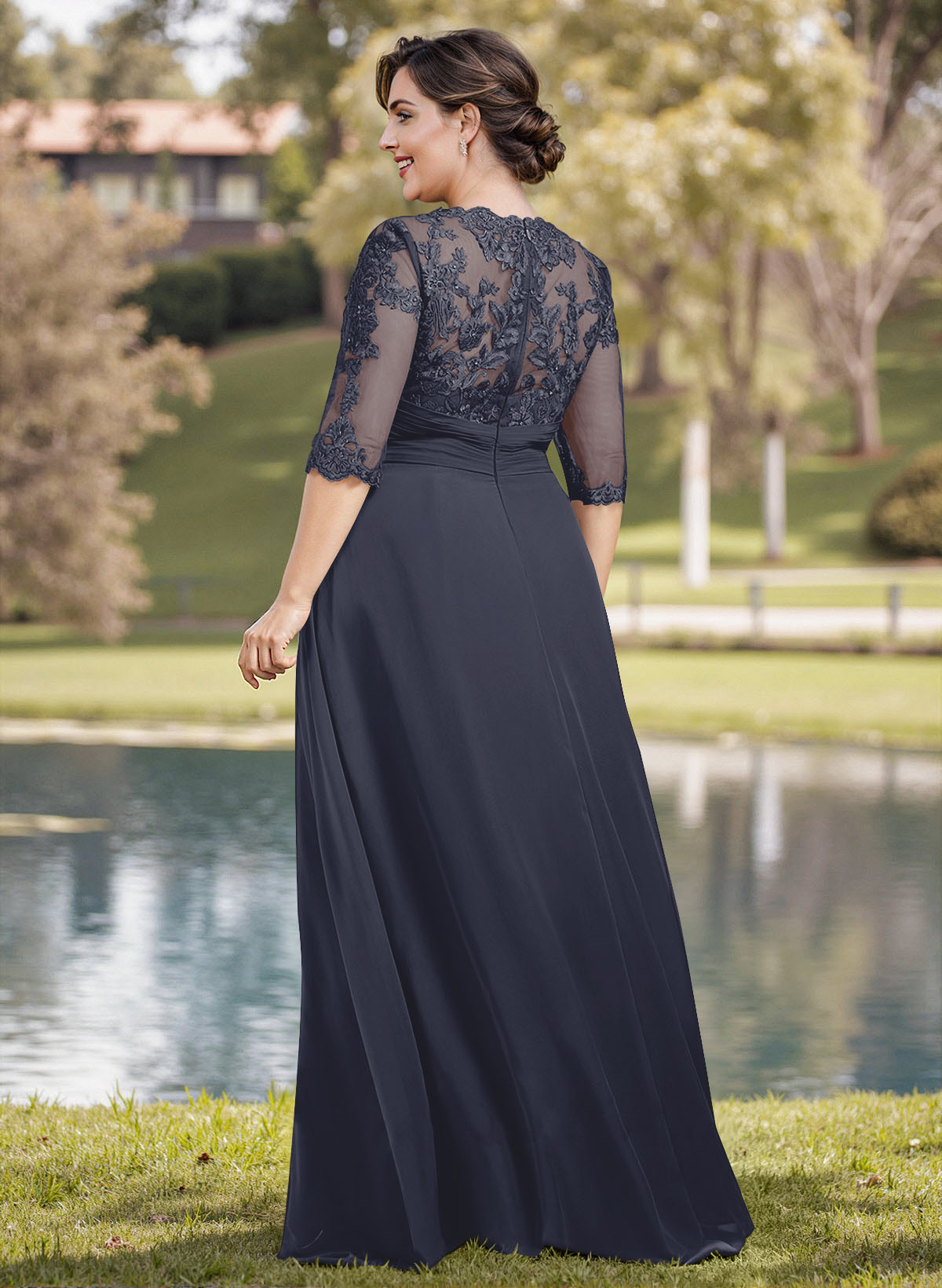 A-Line Illusion Neck 1/2 Sleeves Chiffon Mother Of The Bride Dresses With Appliques Lace
