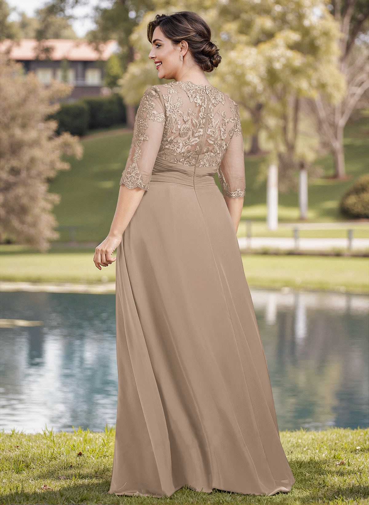 A-Line Illusion Neck 1/2 Sleeves Chiffon Mother Of The Bride Dresses With Appliques Lace