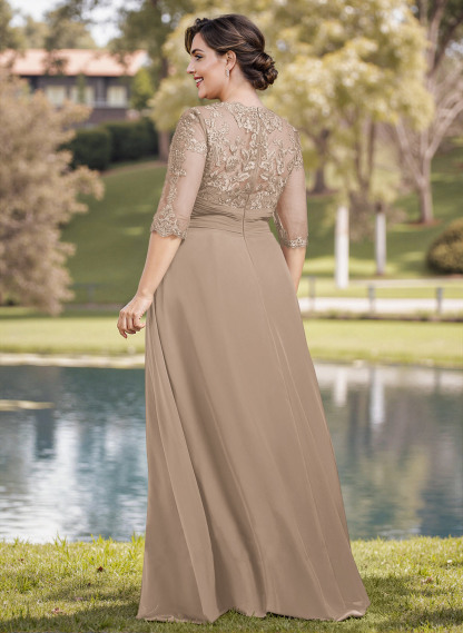 A-Line Illusion Neck 1/2 Sleeves Chiffon Mother Of The Bride Dresses With Appliques Lace