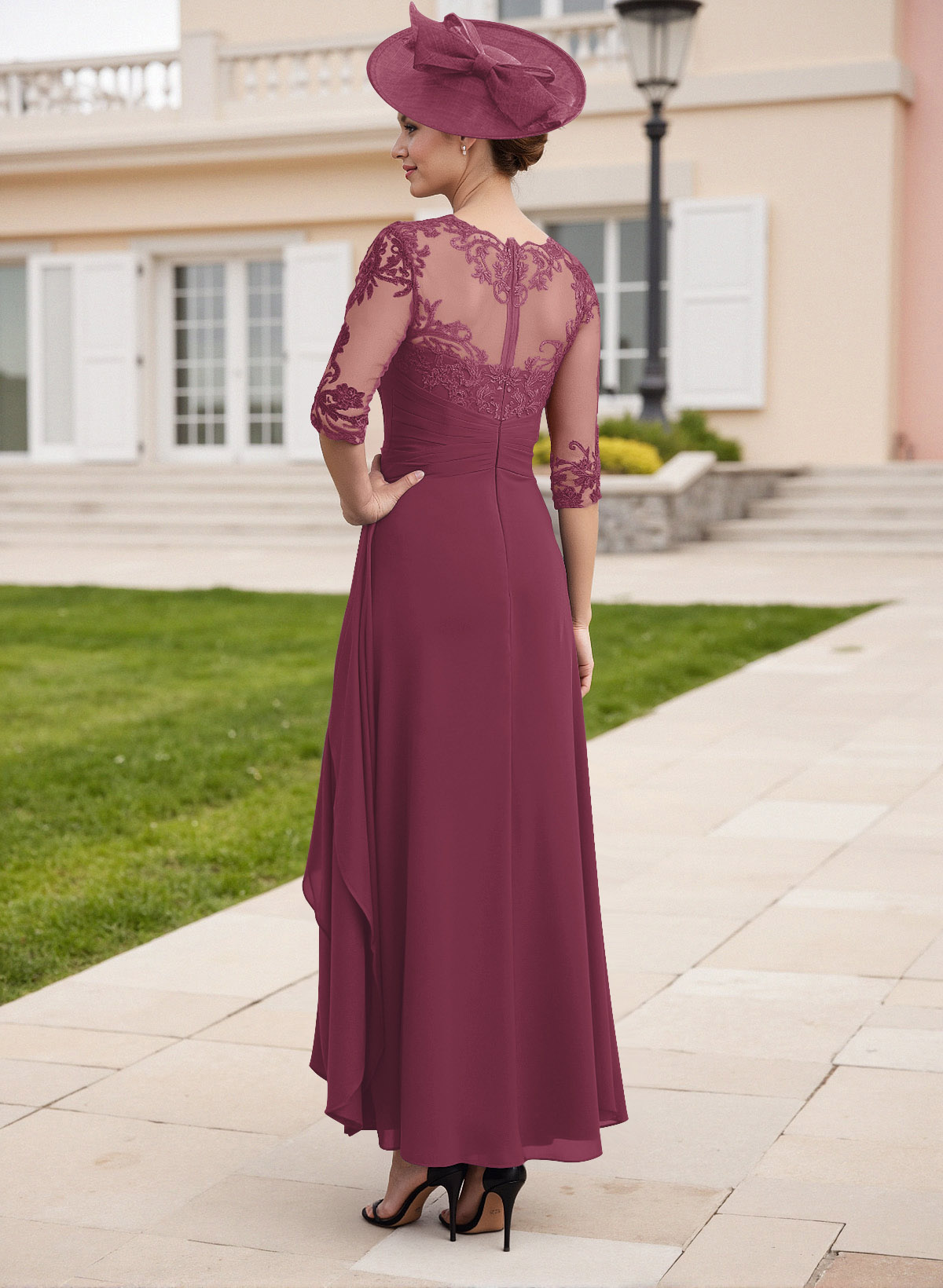 Elegant Illusion Neck A-Line Ankle-Length Lace/Chiffon Mother Of The Bride Dresses